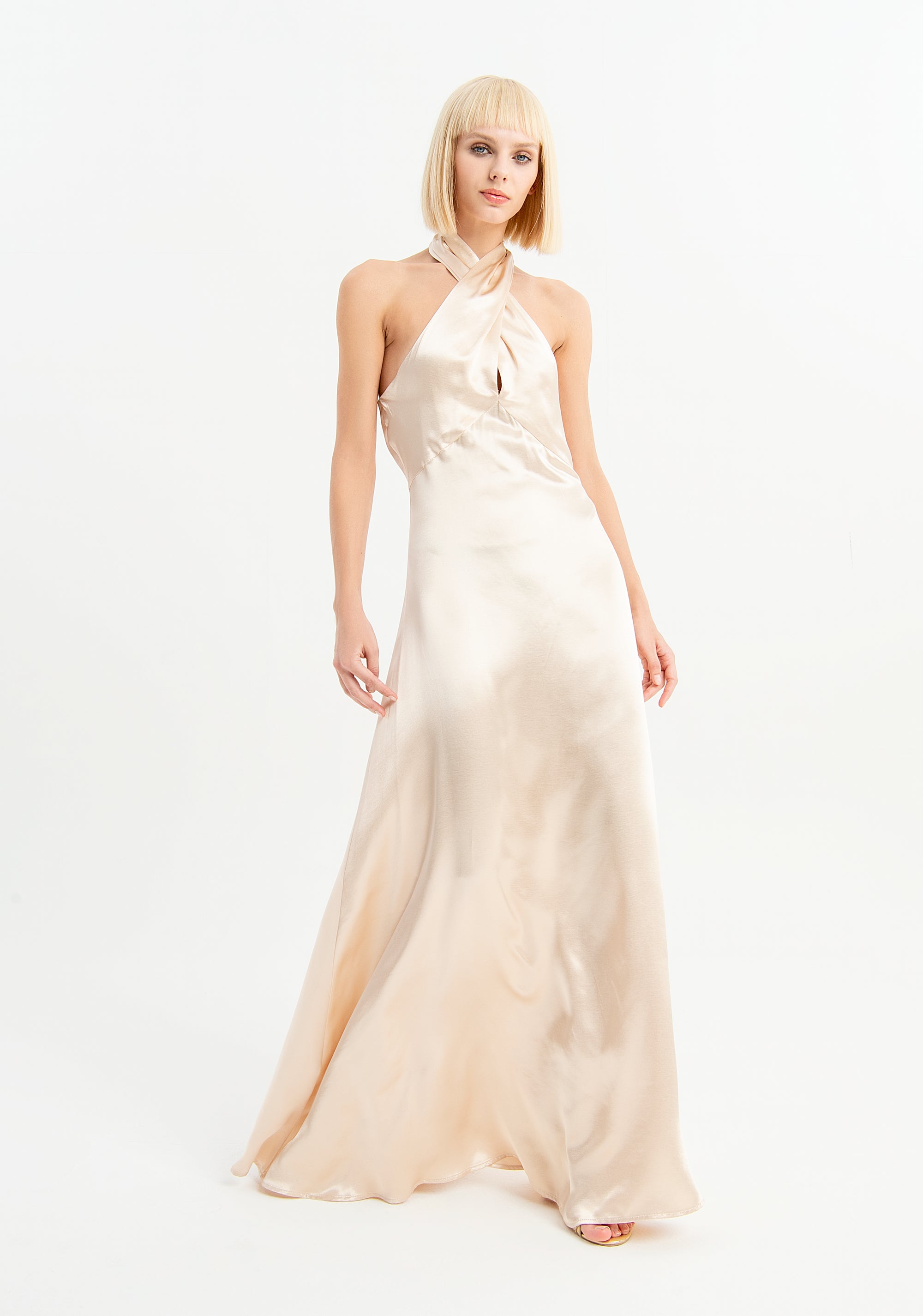 Abito lungo satin con scollo ad incrocio