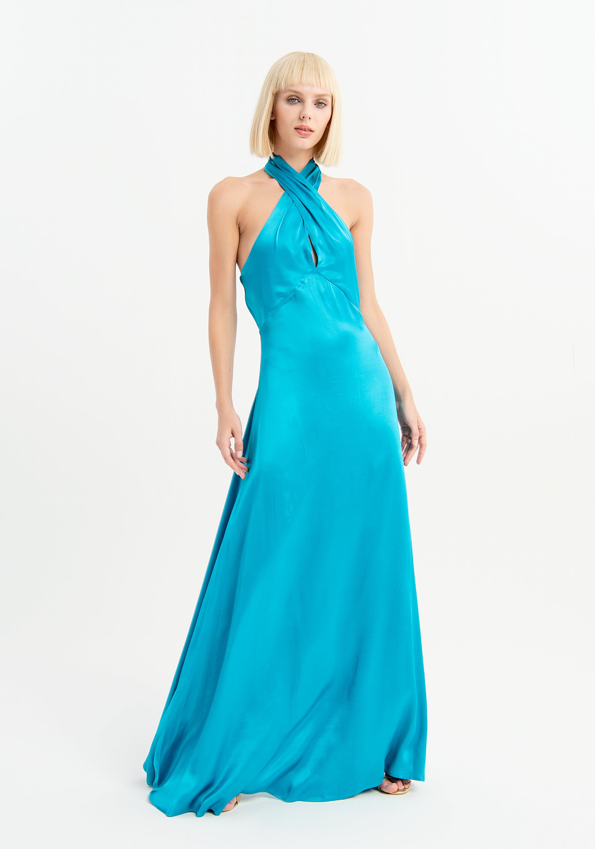 Abito lungo satin con scollo ad incrocio