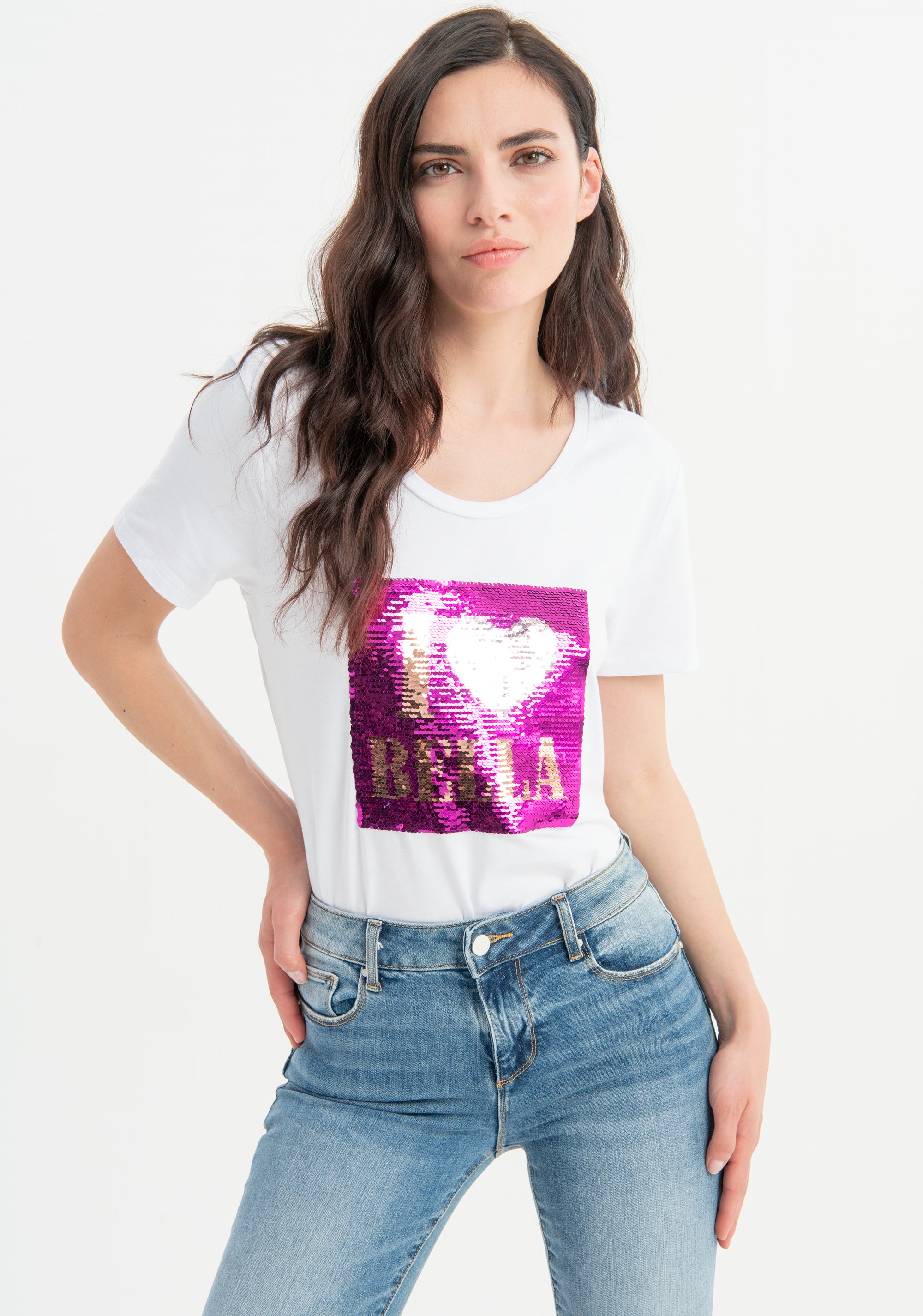 Jeans bootcut cropped in denim con lavaggio medio
