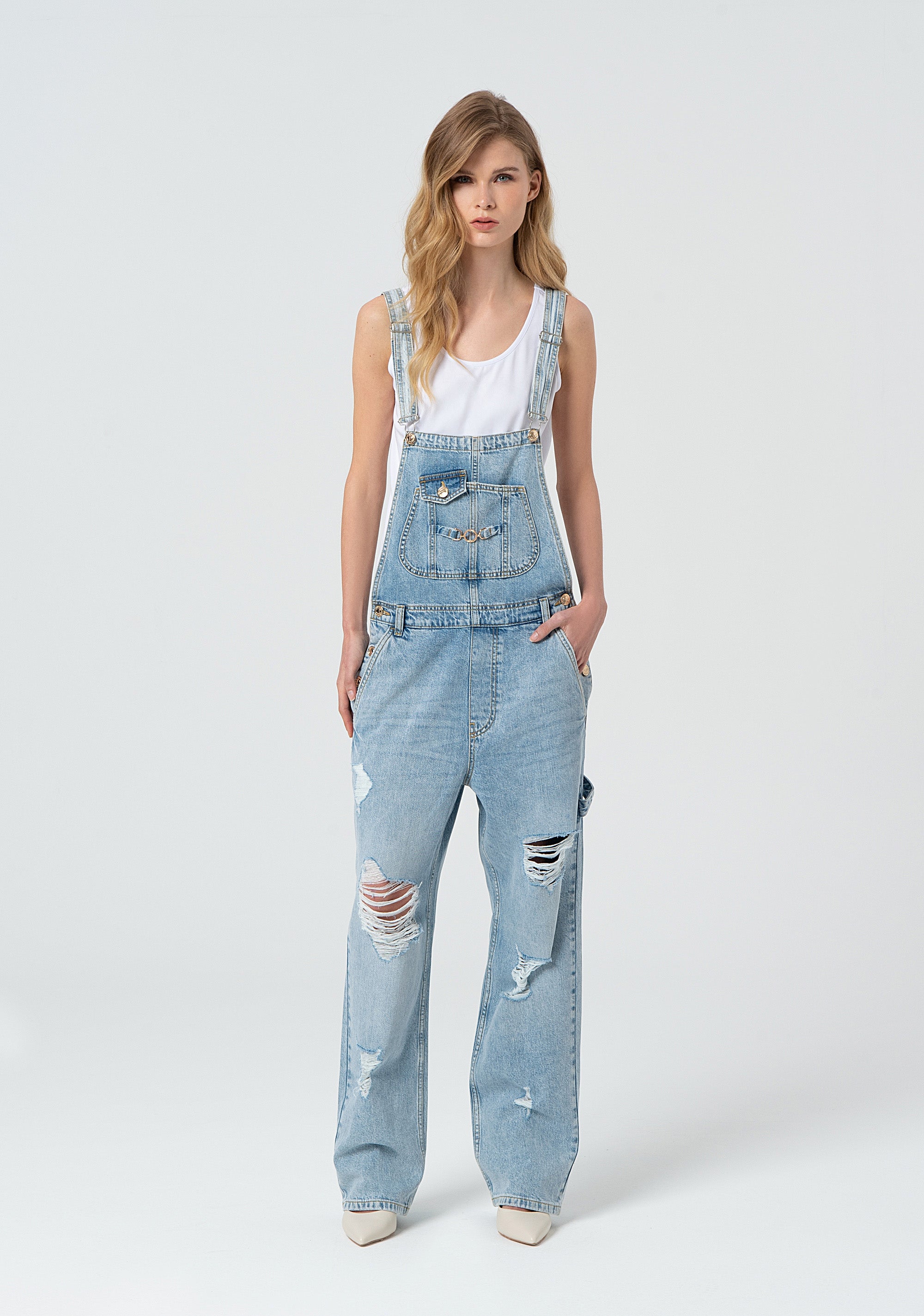 Salopette regular in denim con lavaggio chiaro FP25SO2002D419O1-437 Fracomina