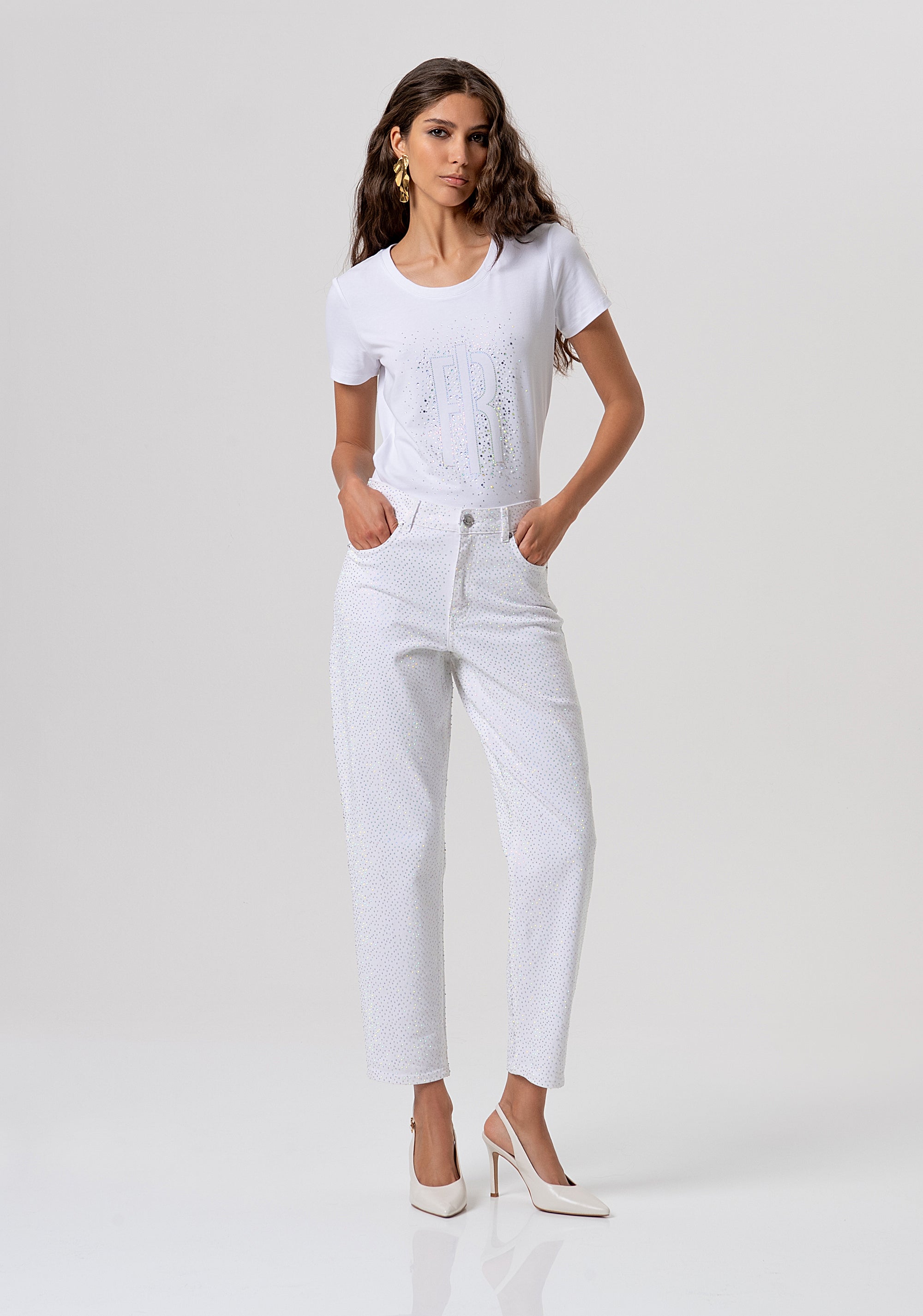 Pantalone carrot mom fit in tessuto bull con strass FP26SVD005W615R9-278 Fracomina