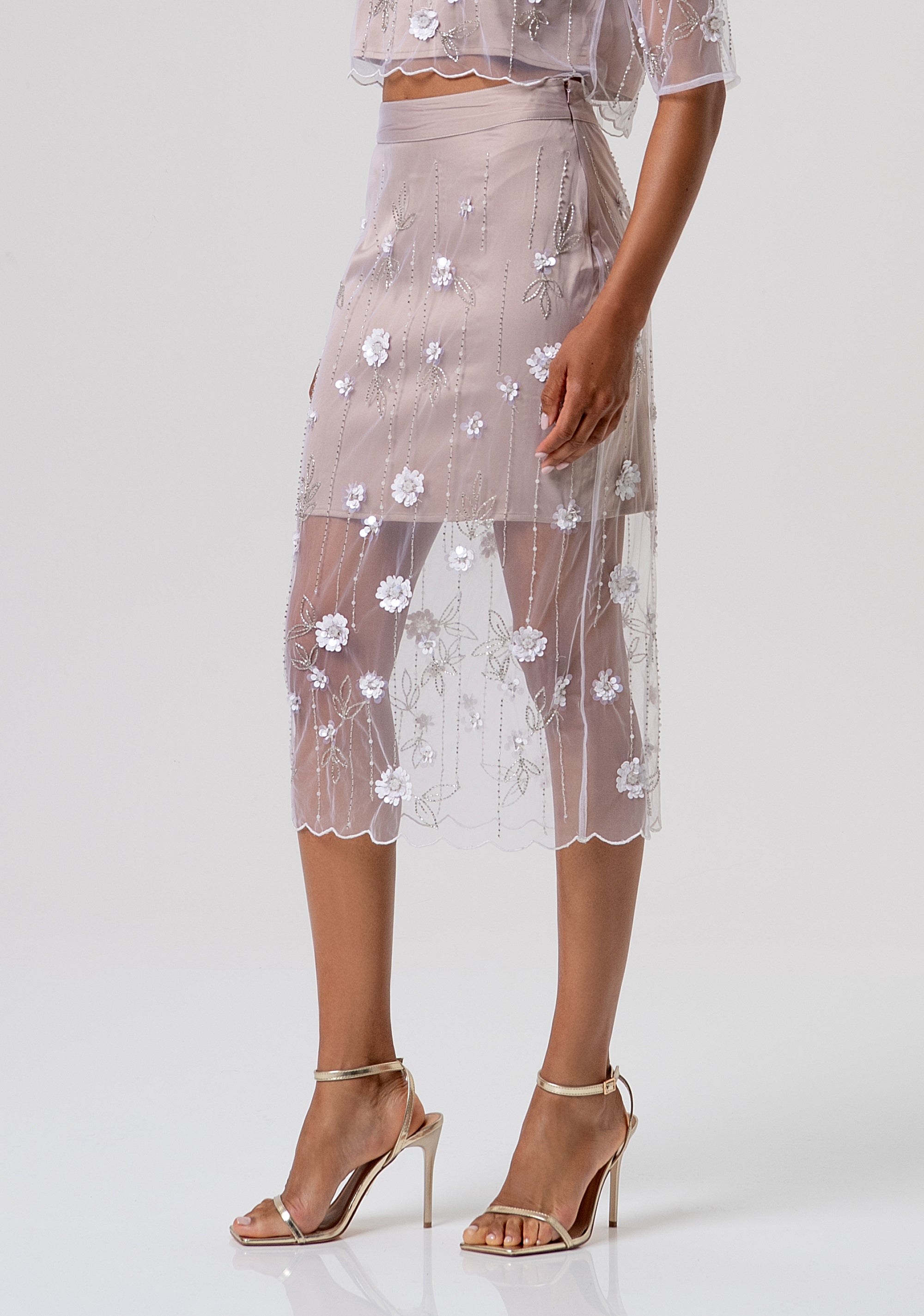 Gonna a tubino slim midi in tulle con fiori e paillettes FQ26SG2003W425E5-050 Fracomina