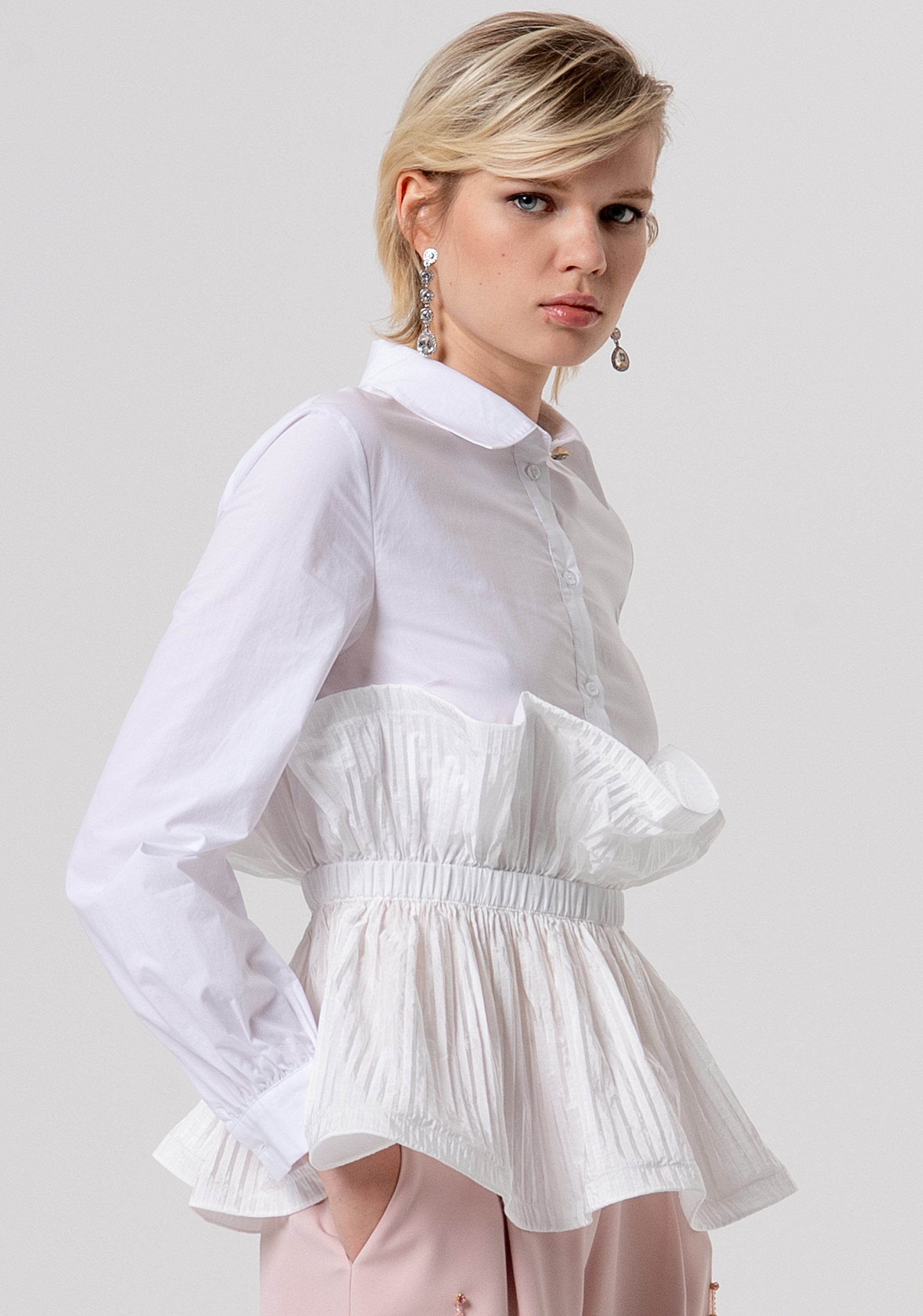 Camicia regular in popeline con gale plissettate