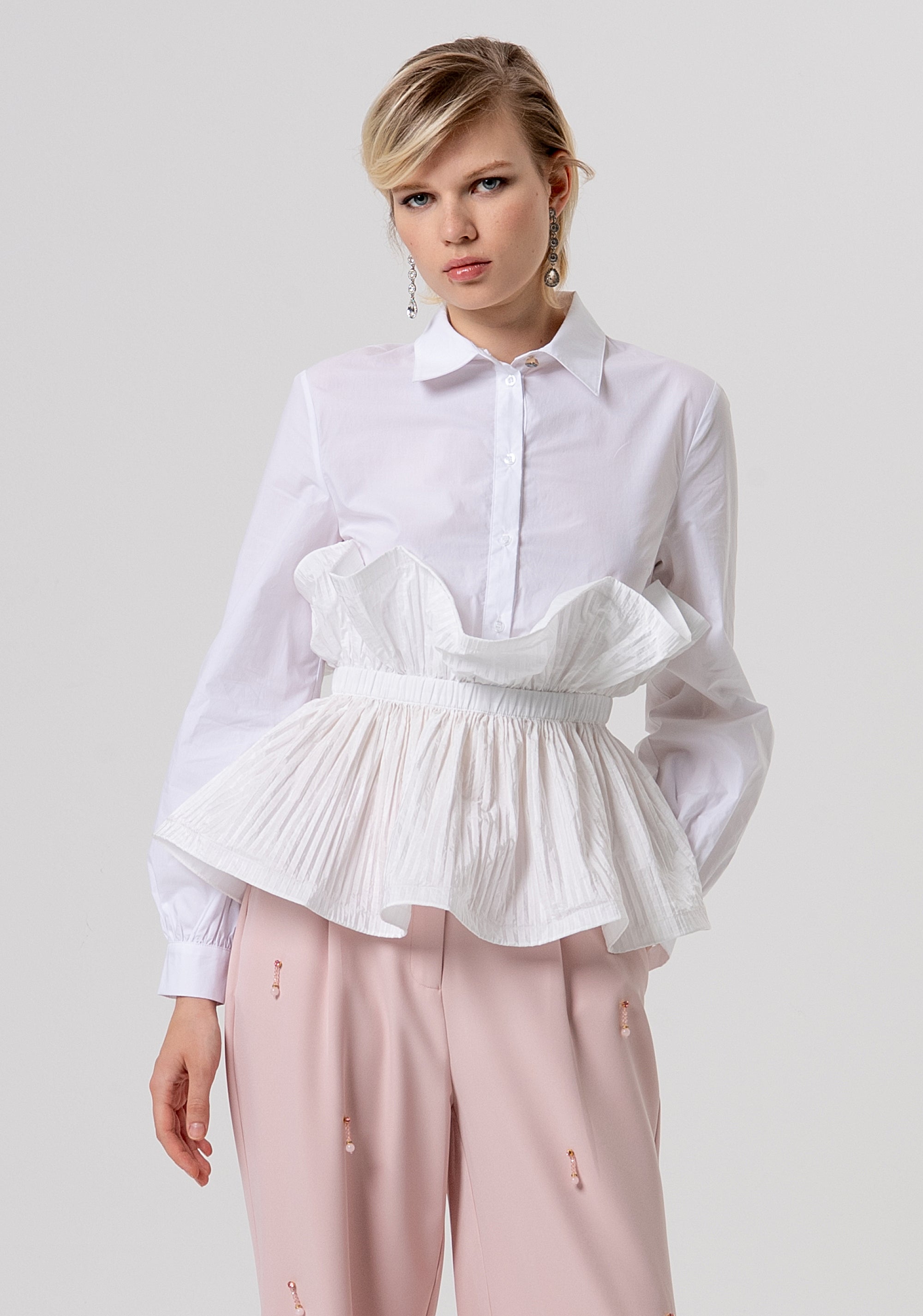 Camicia regular in popeline con gale plissettate