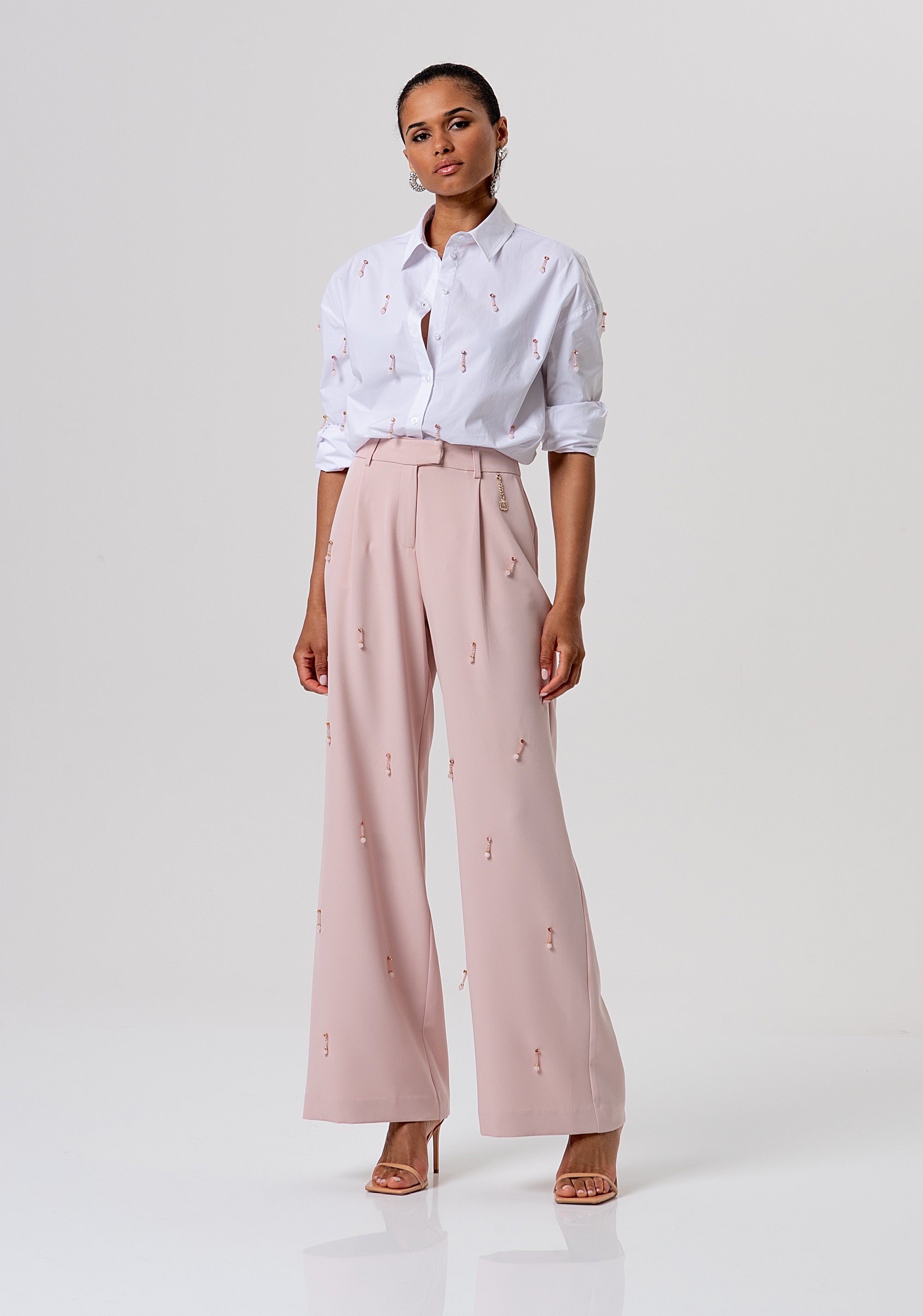 Pantalone flare a palazzo in tessuto con applicazioni gioiello