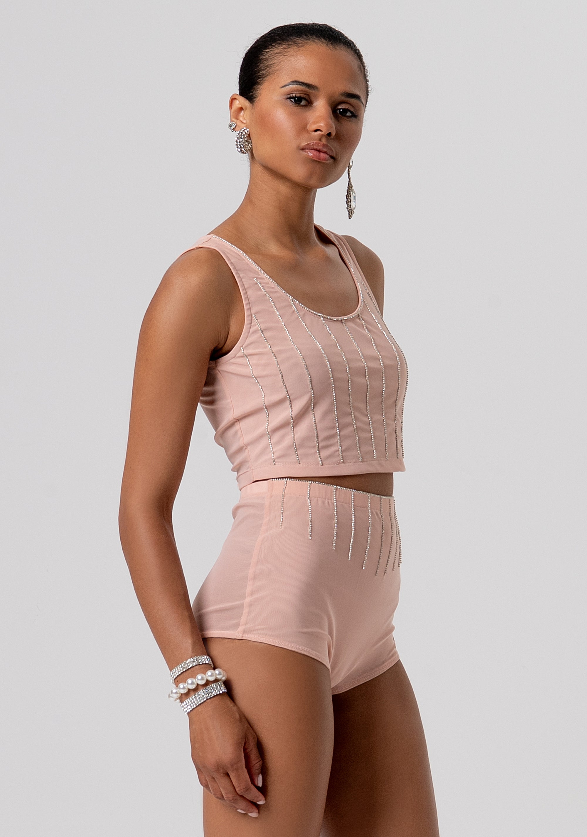 Pantaloncini culotte slim in tulle con strass