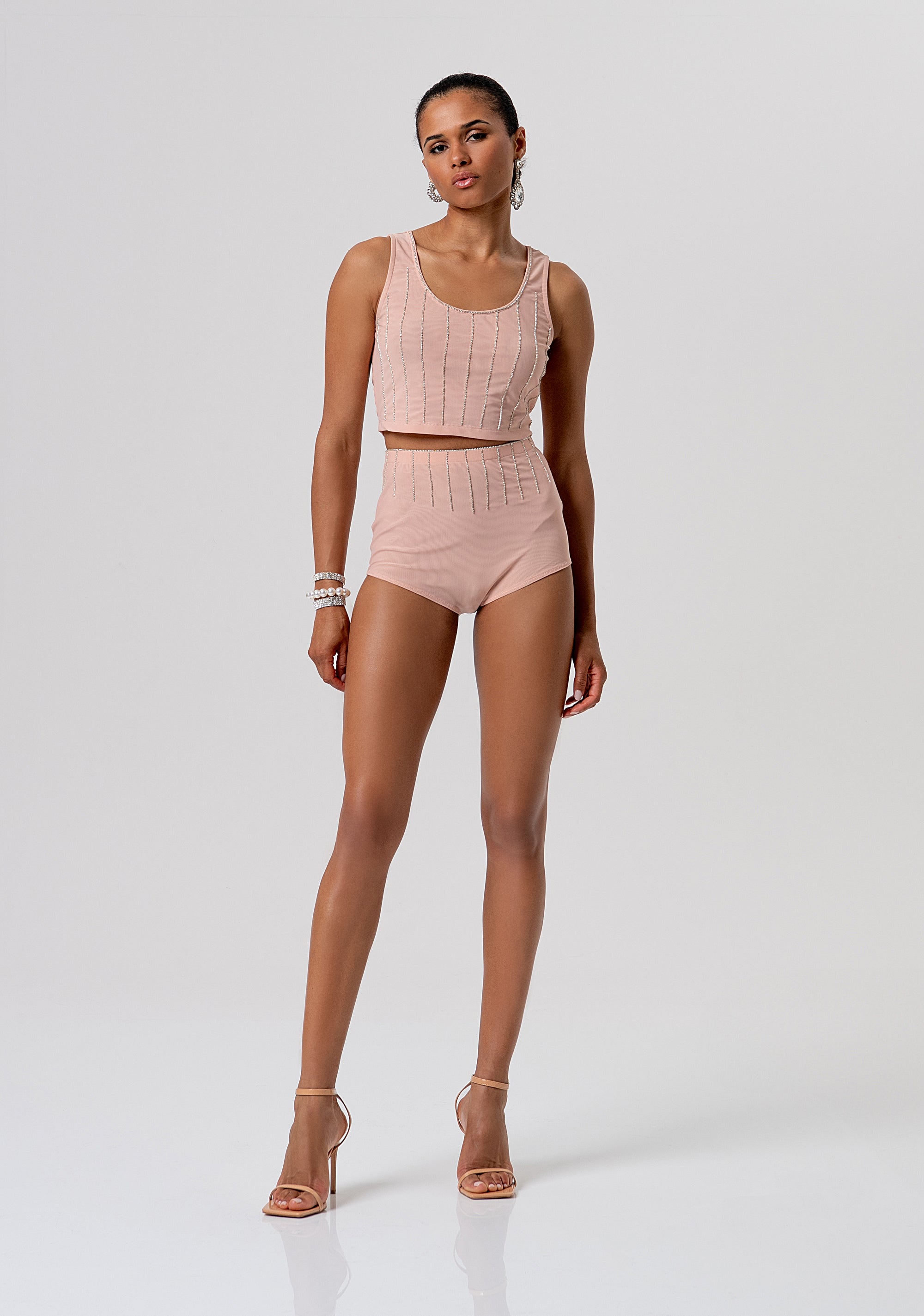 Pantaloncini culotte slim in tulle con strass