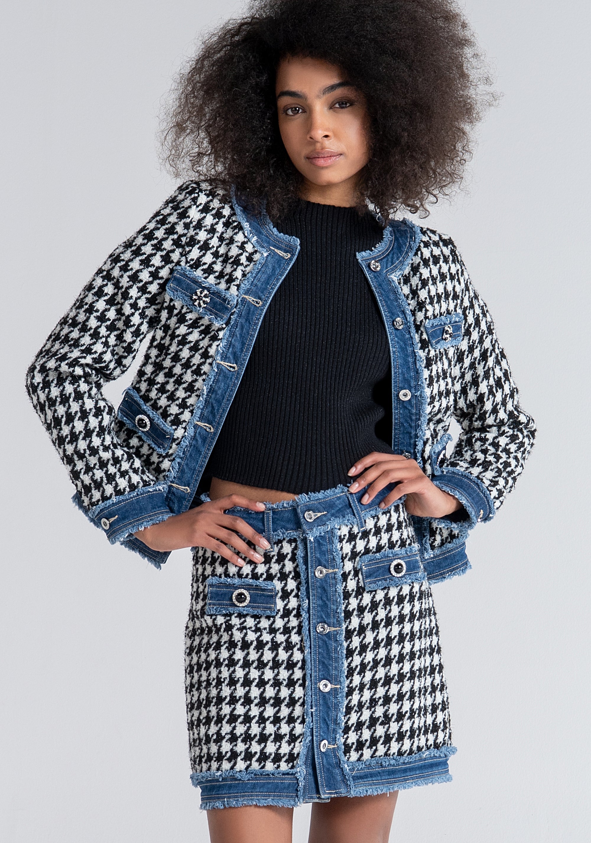 Gonna slim mini in pied de poule con inserti in denim FR23WG5002W63301 Fracomina