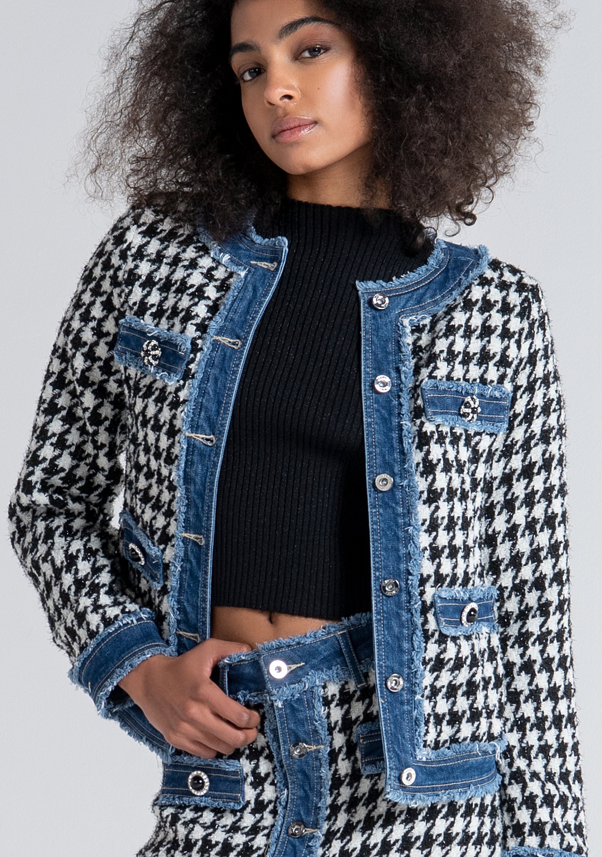 Gonna slim mini in pied de poule con inserti in denim FR23WG5002W63301 Fracomina