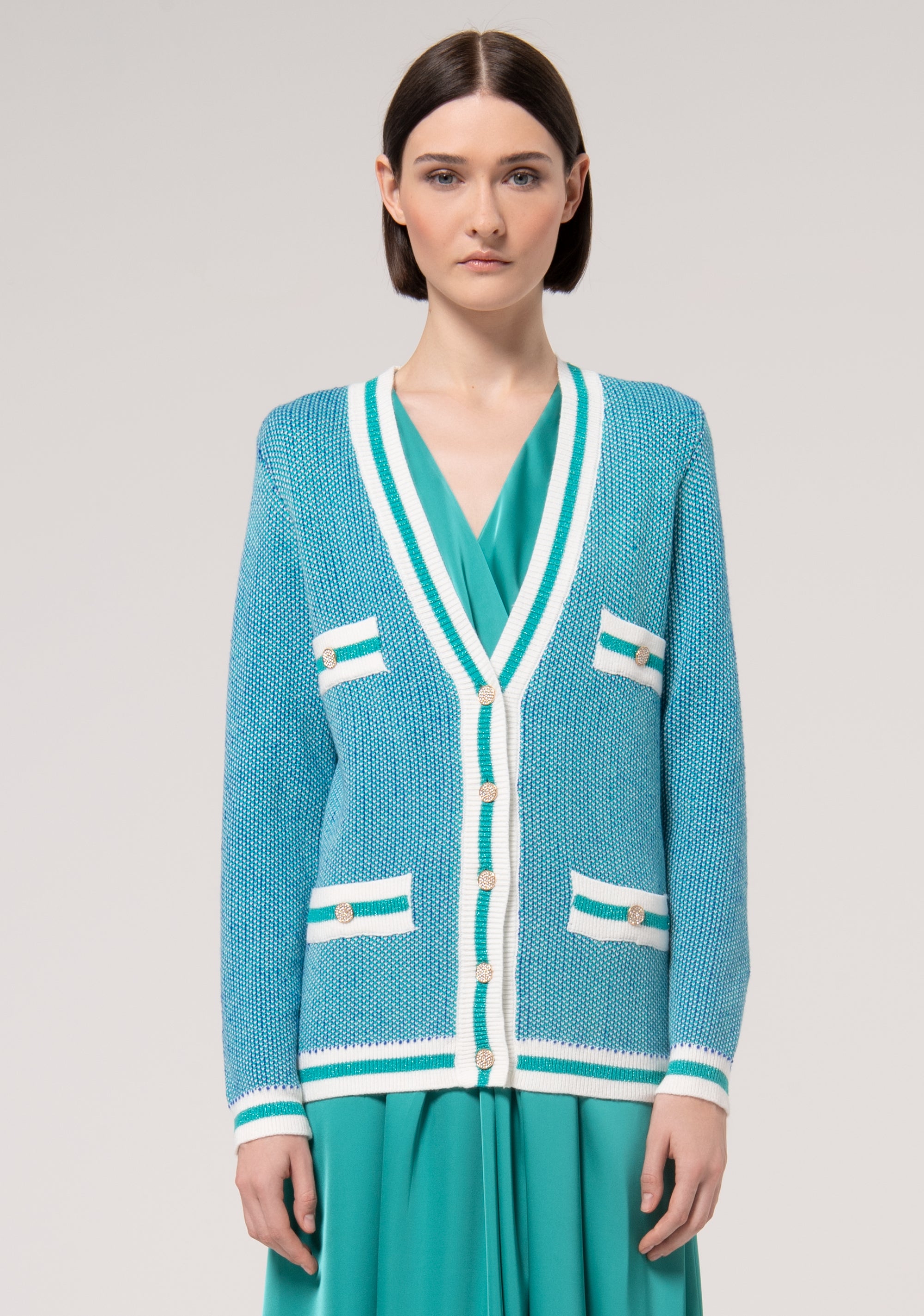 Cardigan ampio in jacquard bicolore con lurex FR24WT8025K459F8-S72 Fracomina