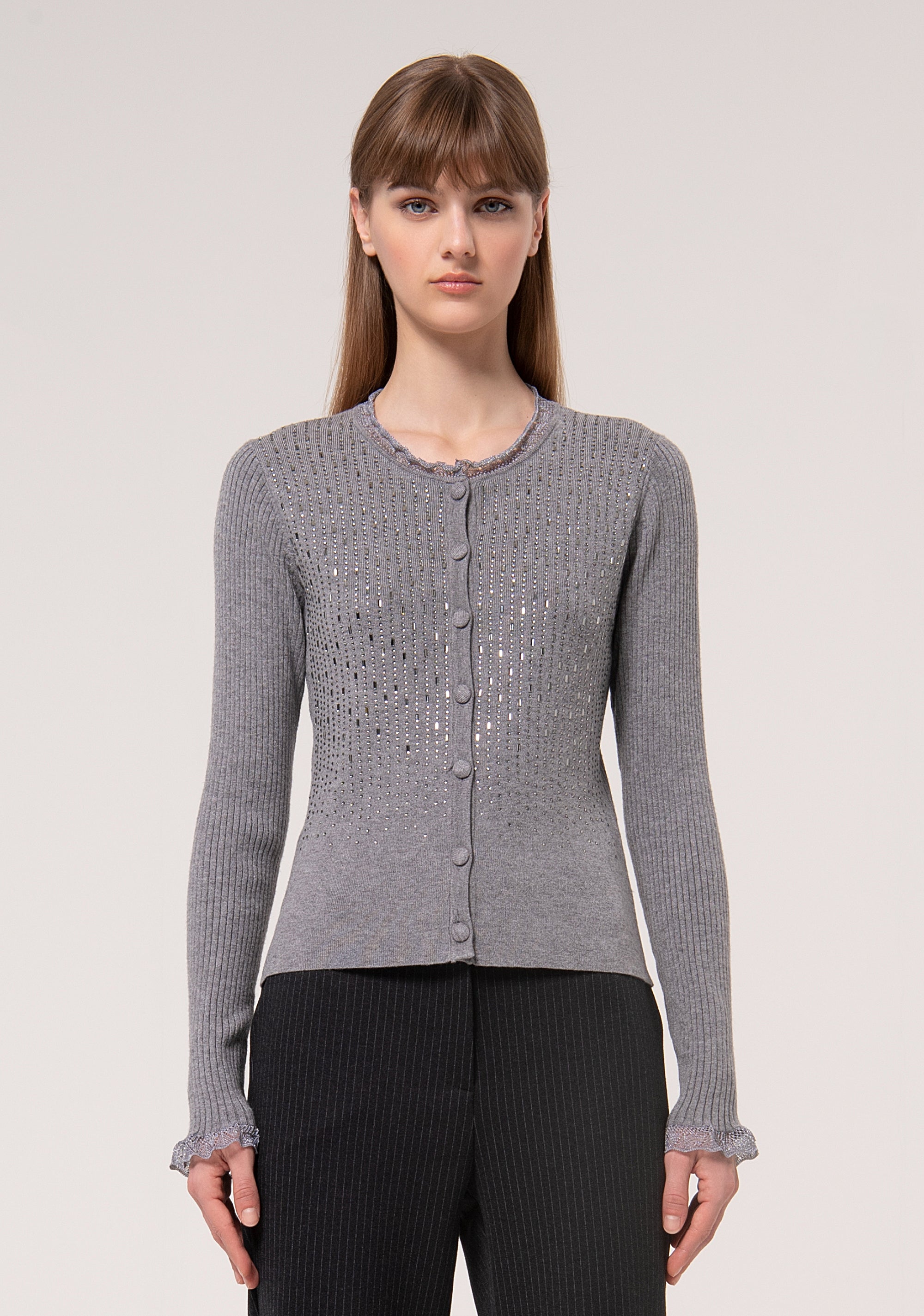 Cardigan slim a costine con strass luminosi FR24WT8032K506R9-S69 Fracomina
