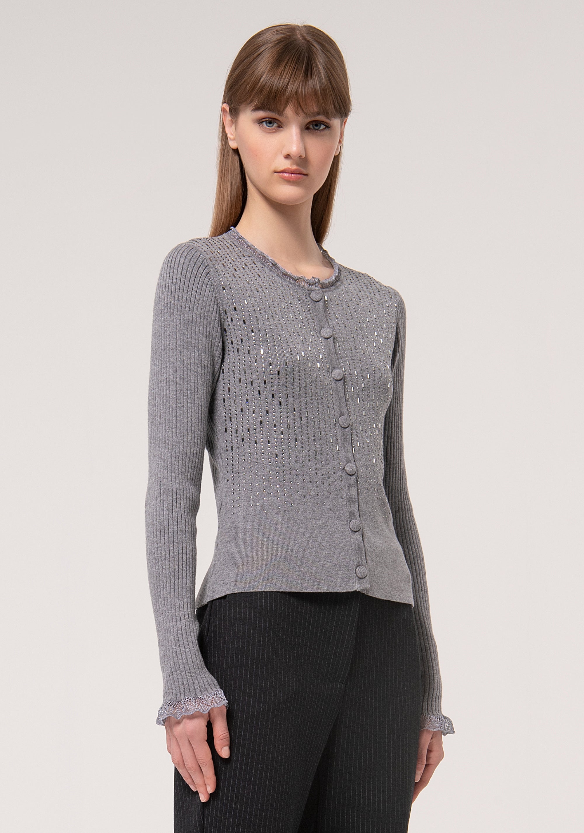 Cardigan slim a costine con strass luminosi FR24WT8032K506R9-S69 Fracomina