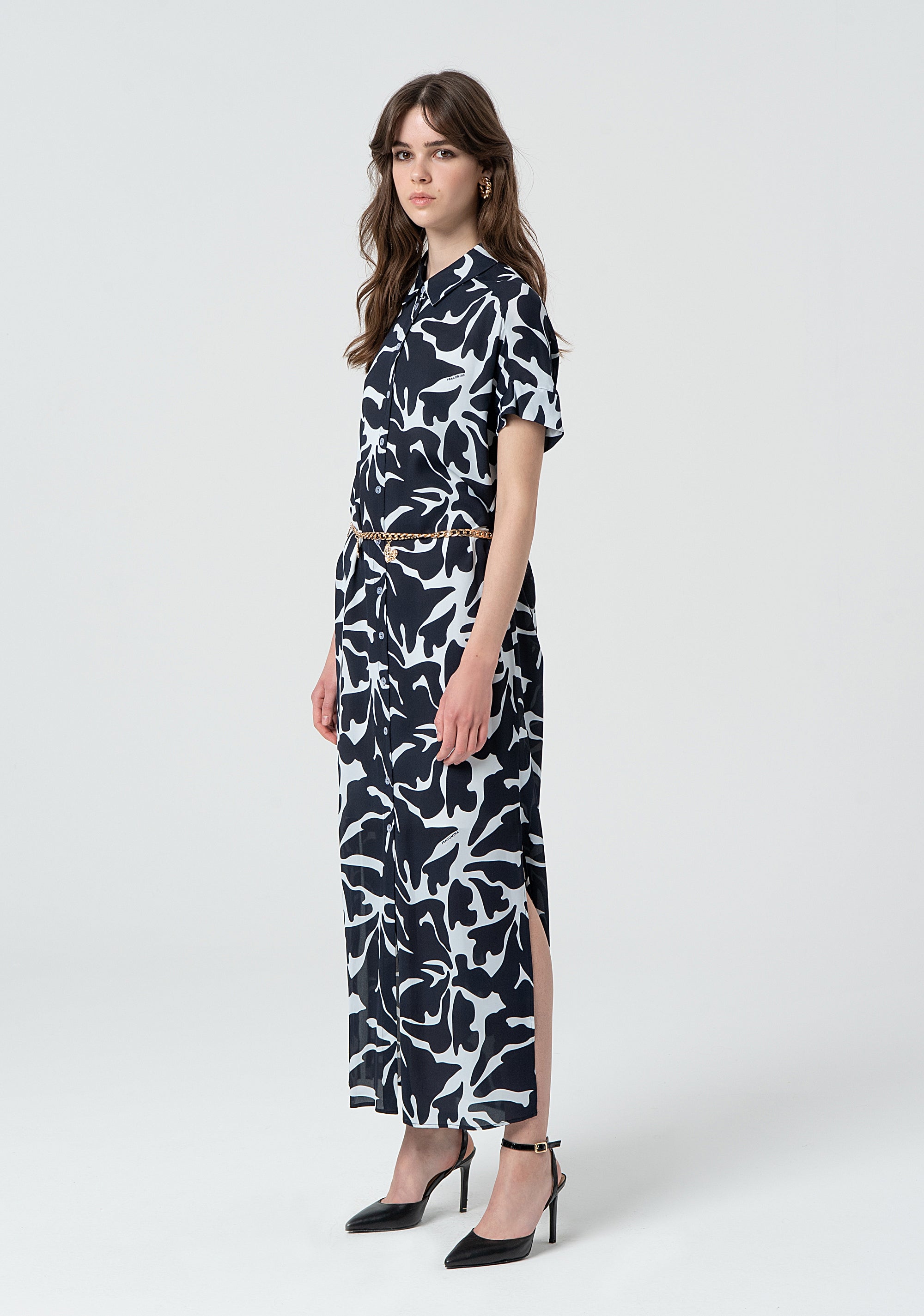 LONG CHEMISIER DRESS WITH BELT BLACKWHITE