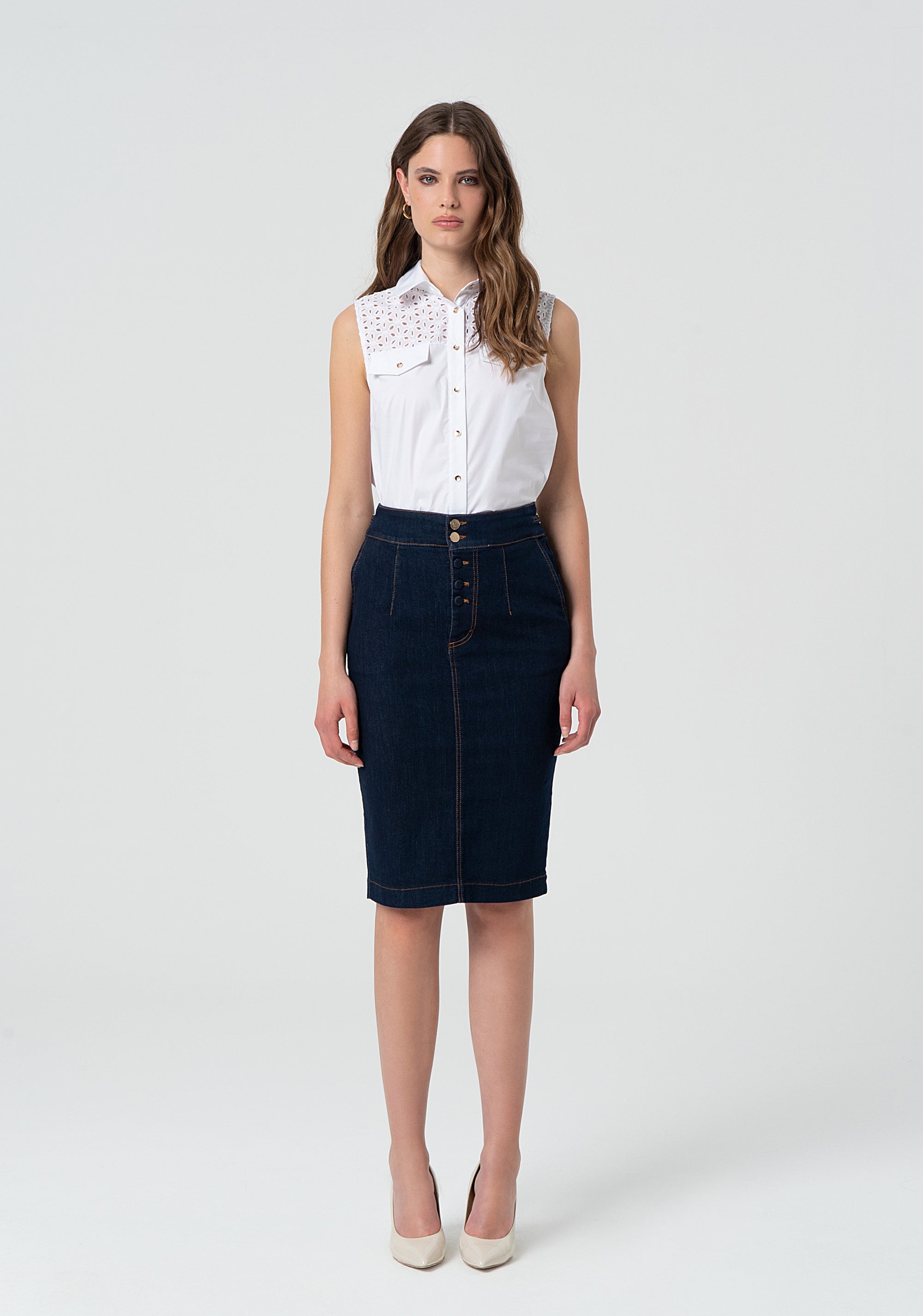 Gonna aderente midi in denim con lavaggio scuro FR25SG5004D46093-L23 Fracomina