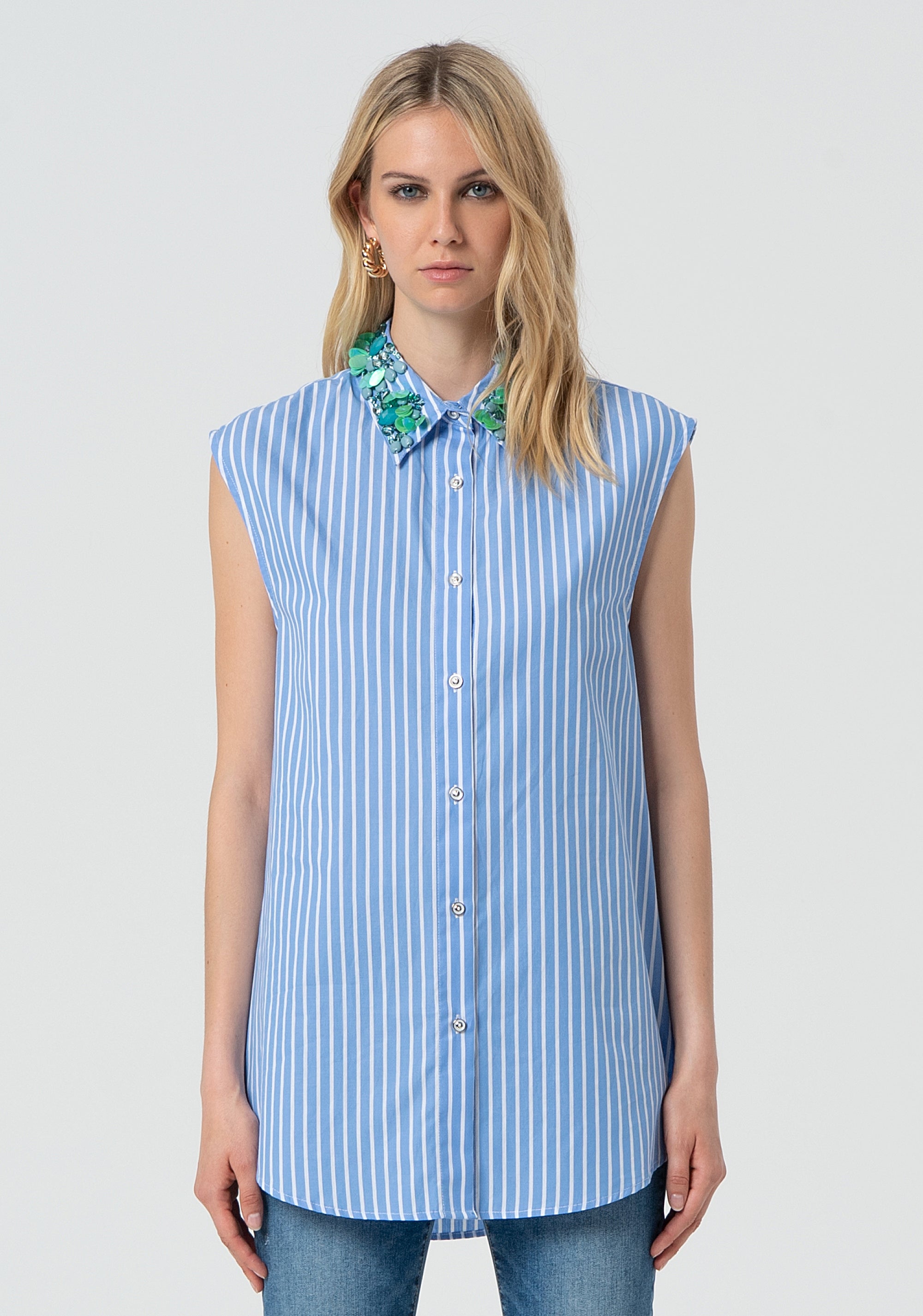 Camicia lunga senza maniche in popeline a righe FR25ST6011W400N8-M02 Fracomina