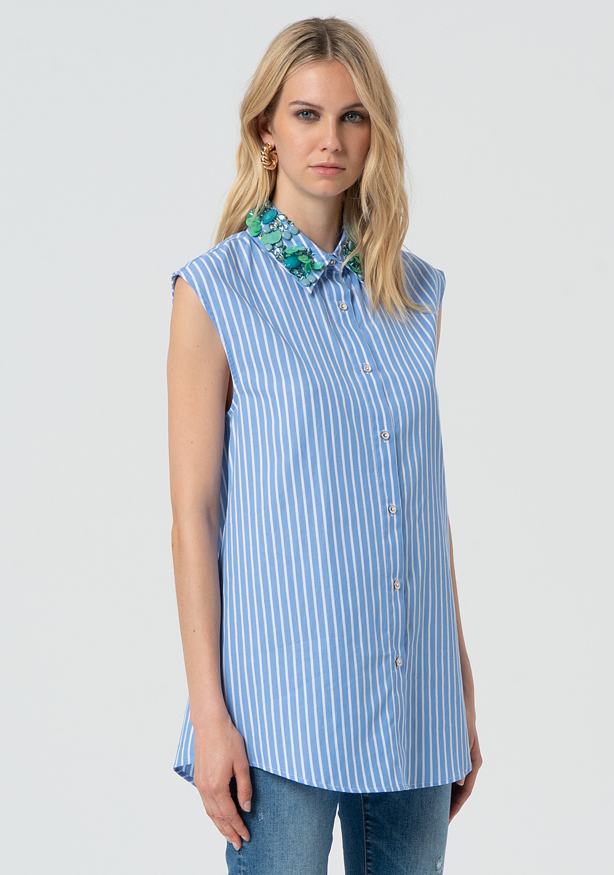 Camicia lunga senza maniche in popeline a righe FR25ST6011W400N8-M02 Fracomina