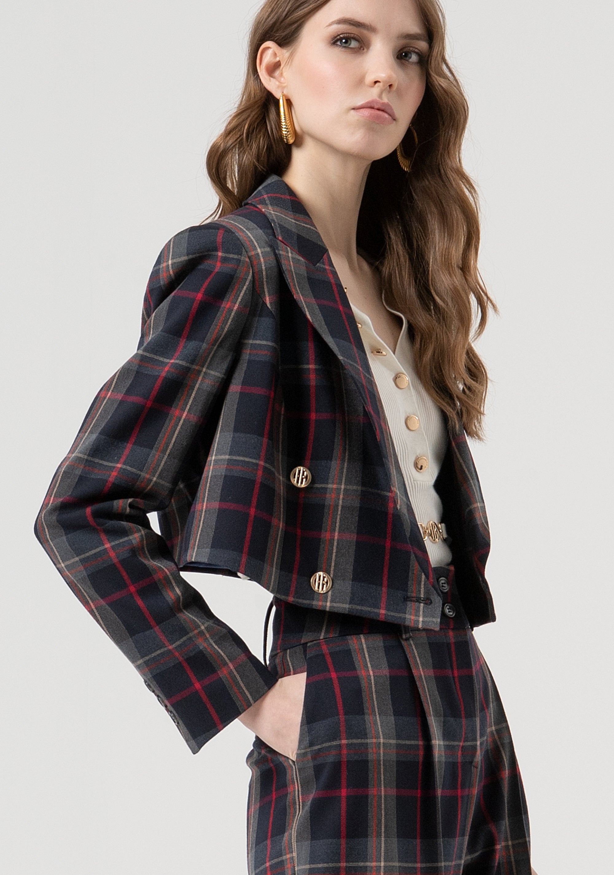 Blazer cropped doppiopetto in fantasia tartan FR25WJ1003W45995-T62 Fracomina