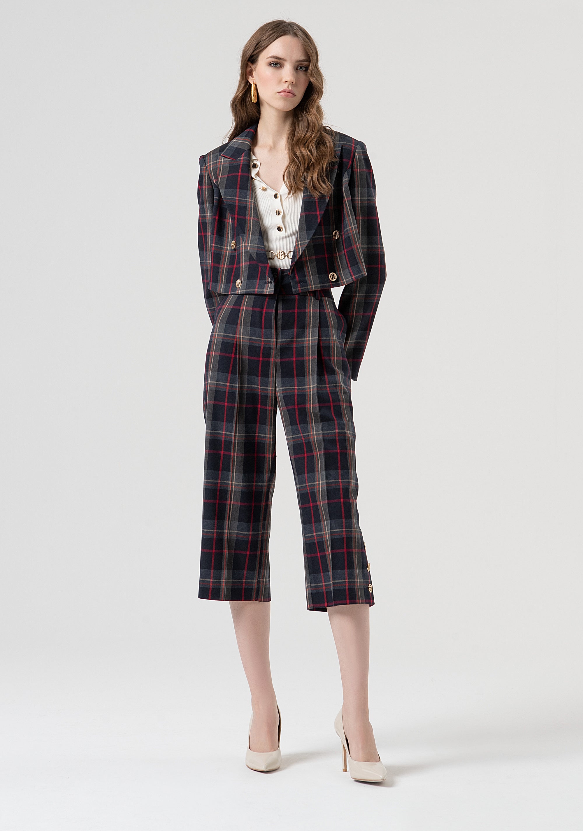 Blazer cropped doppiopetto in fantasia tartan FR25WJ1003W45995-T62 Fracomina