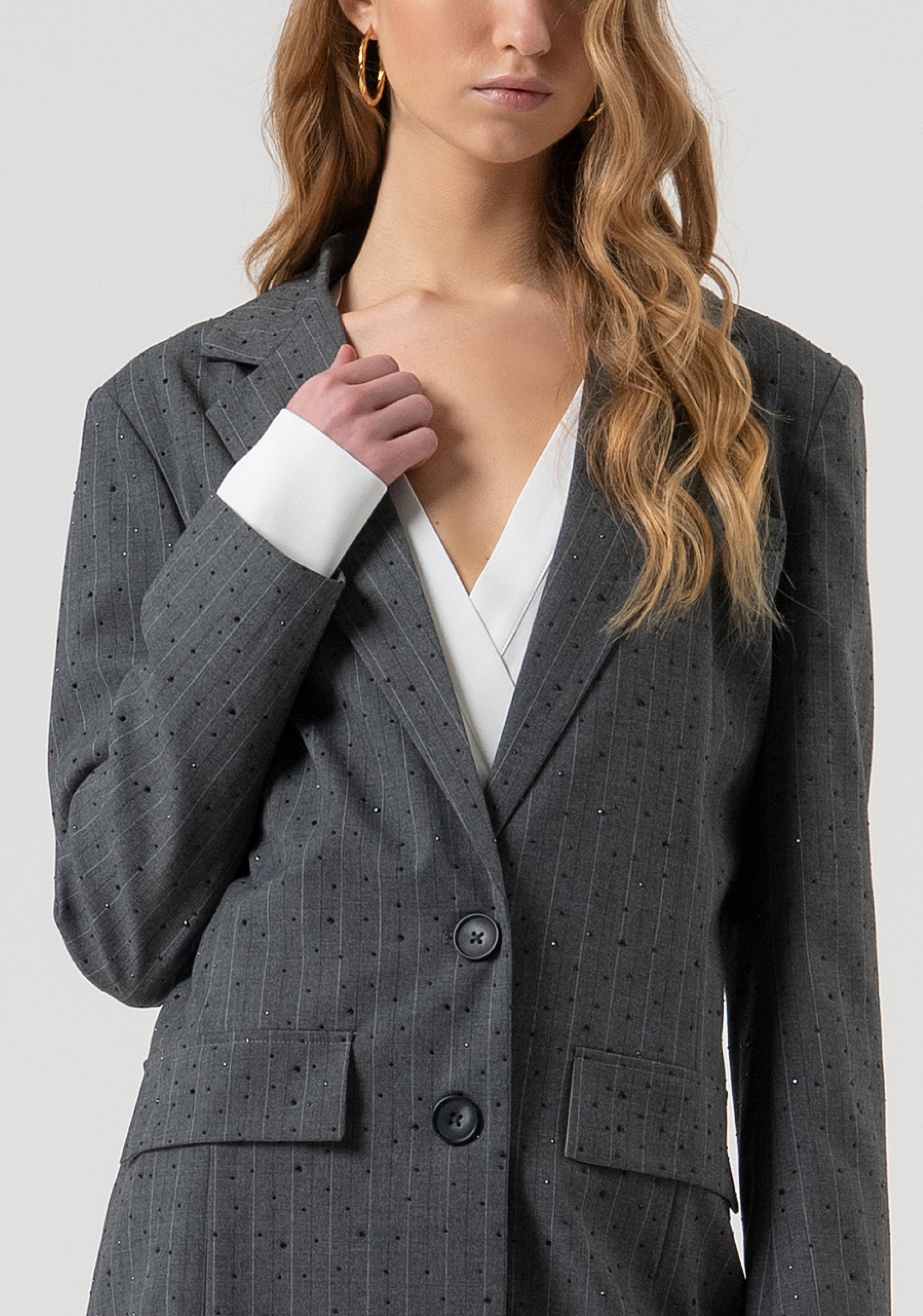 Blazer regular lungo monopetto gessato con strass FR25WJ3011W459D4-121 Fracomina