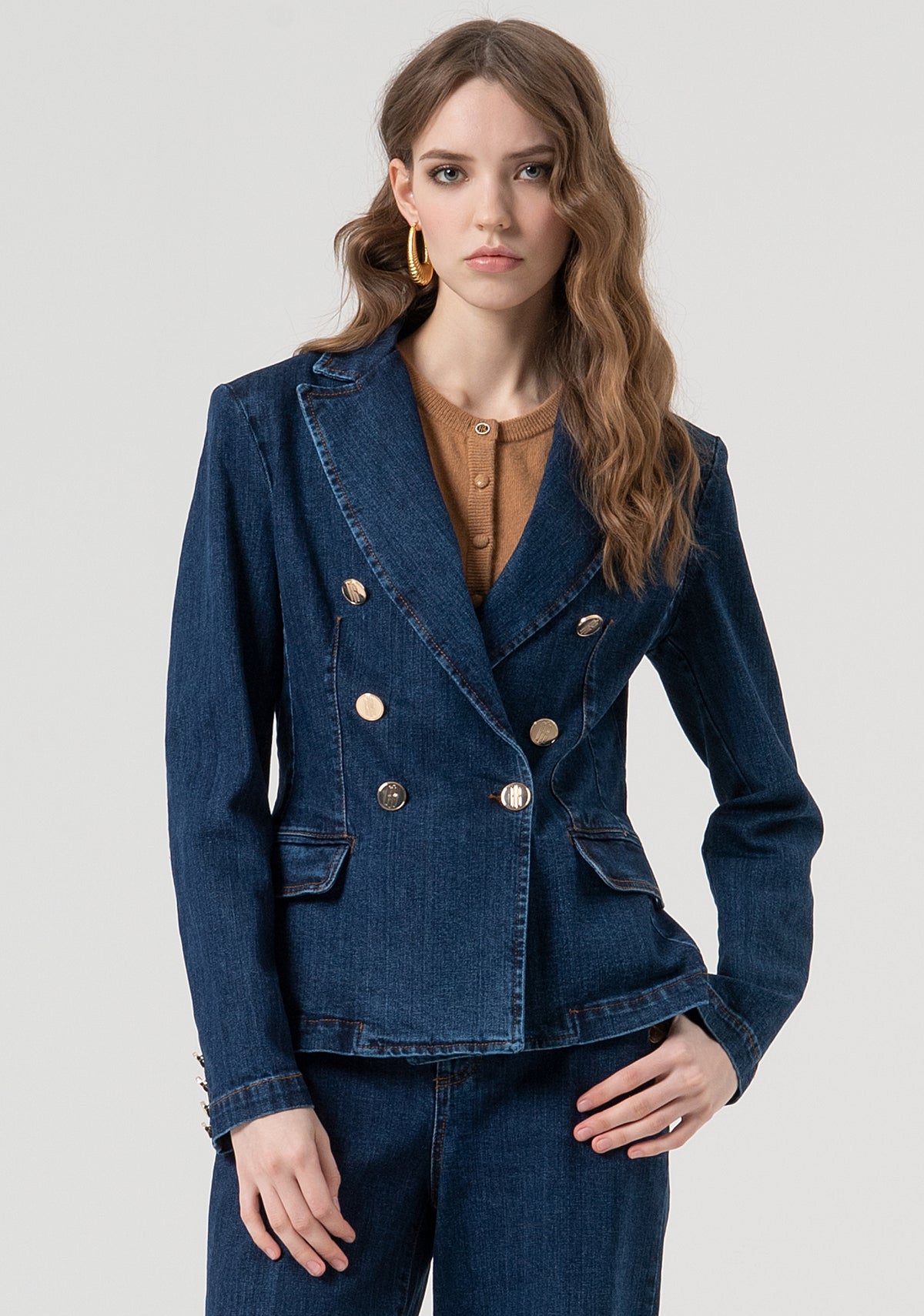 Giacca Di Jeans Doppiopetto Donna - Denim Lavato Blu, Manica Lunga, Perfetta Per Ufficio E Casual