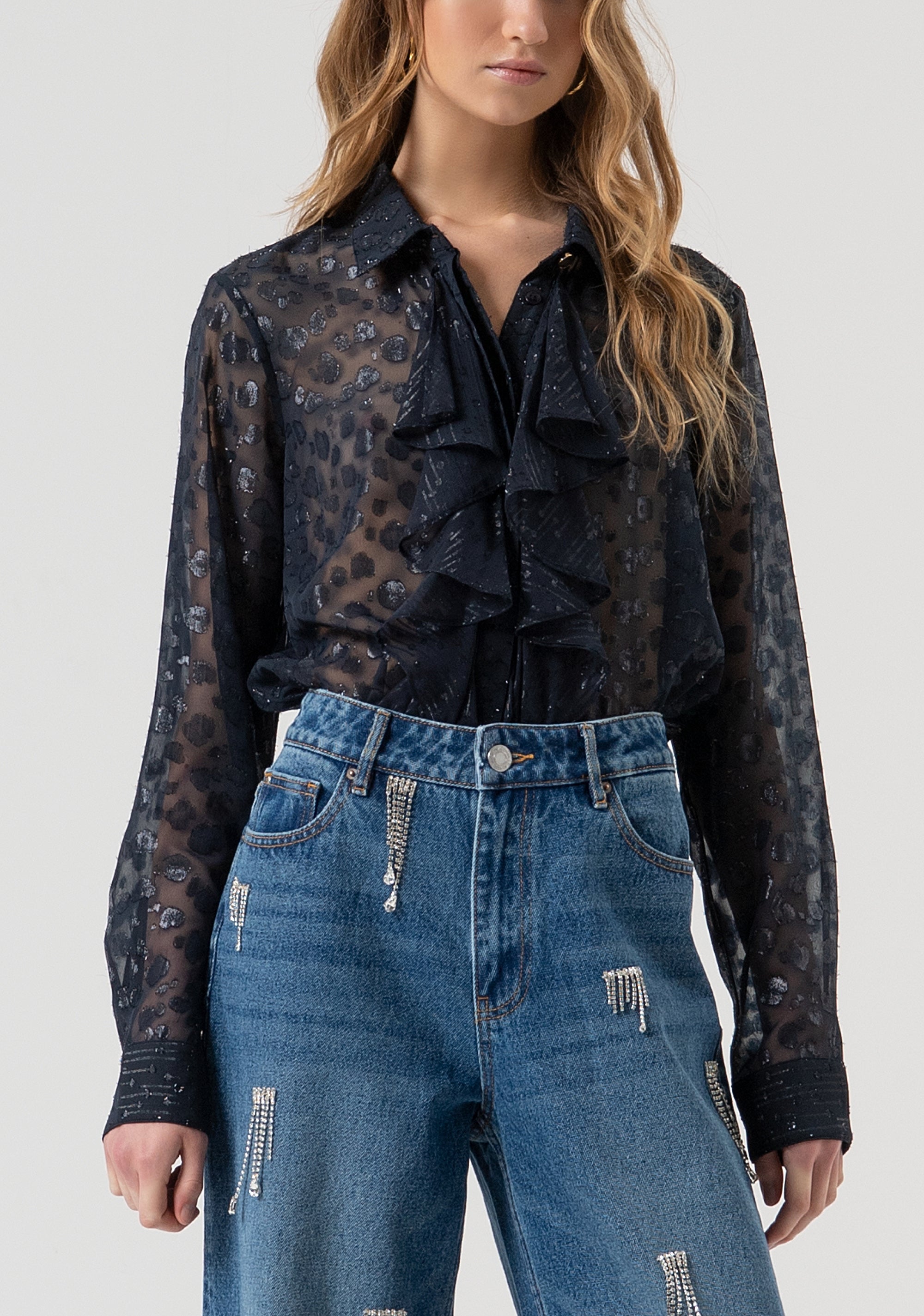 Jeans flare in denim con lavaggio medio e strass luminosi FR25WV2008D41902-349 Fracomina