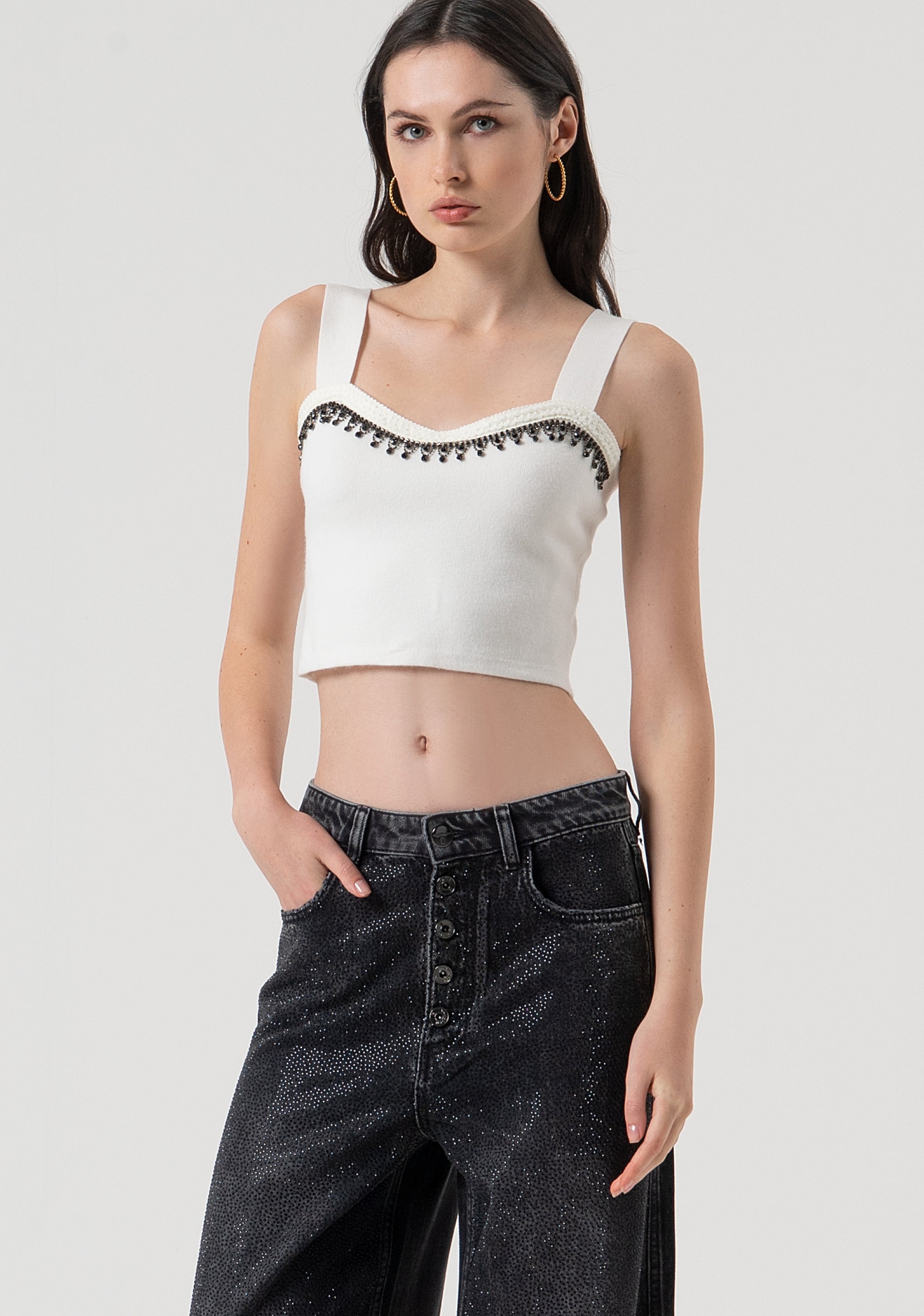 Pantaloni wide palazzo in denim nero con lavaggio scuro e strass FR25WV3013D419R9-H21 Fracomina