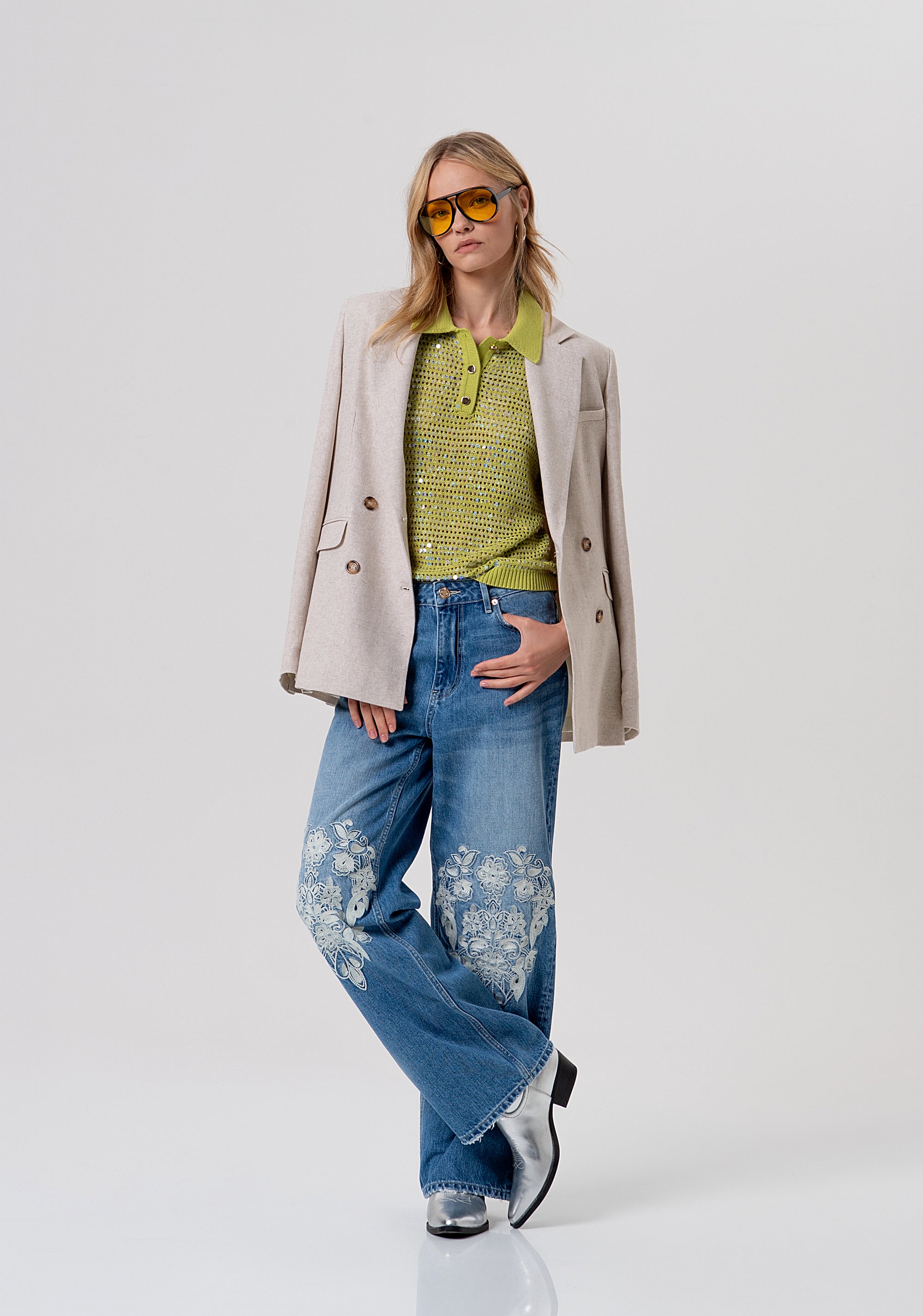 Polo regular in maglia con punto rete e paillettes FR26ST7022K525R9-813 Fracomina