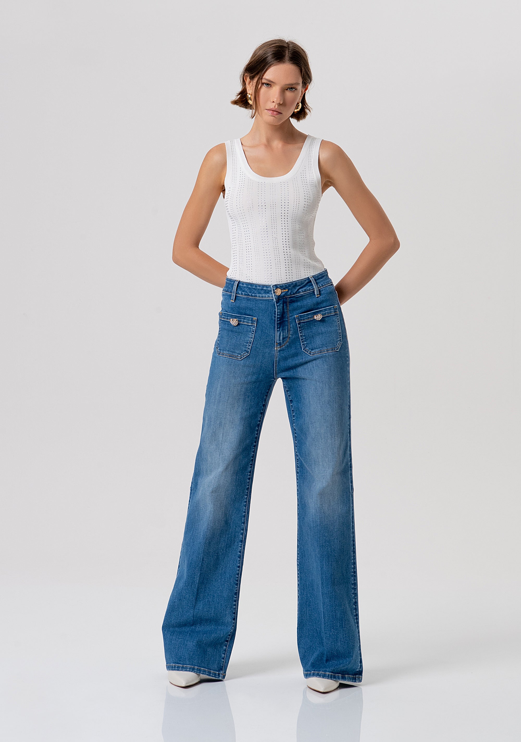 Jeans flare a palazzo in denim con lavaggio medio FR26SV3031D40103-258 Fracomina