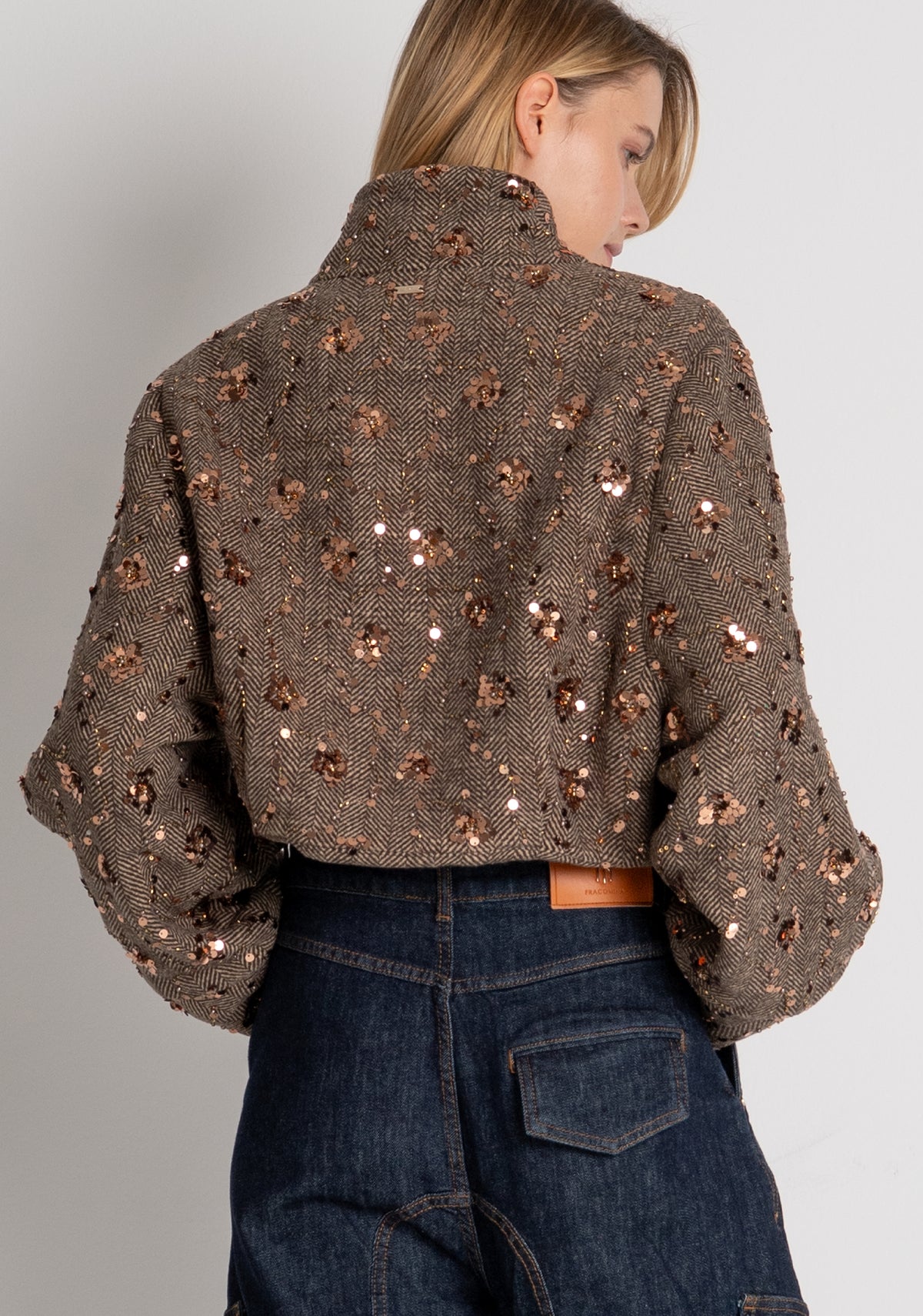 Cappotto cropped in tessuto spigato con paillettes FR26WC1020W579R9 FRACOMINA