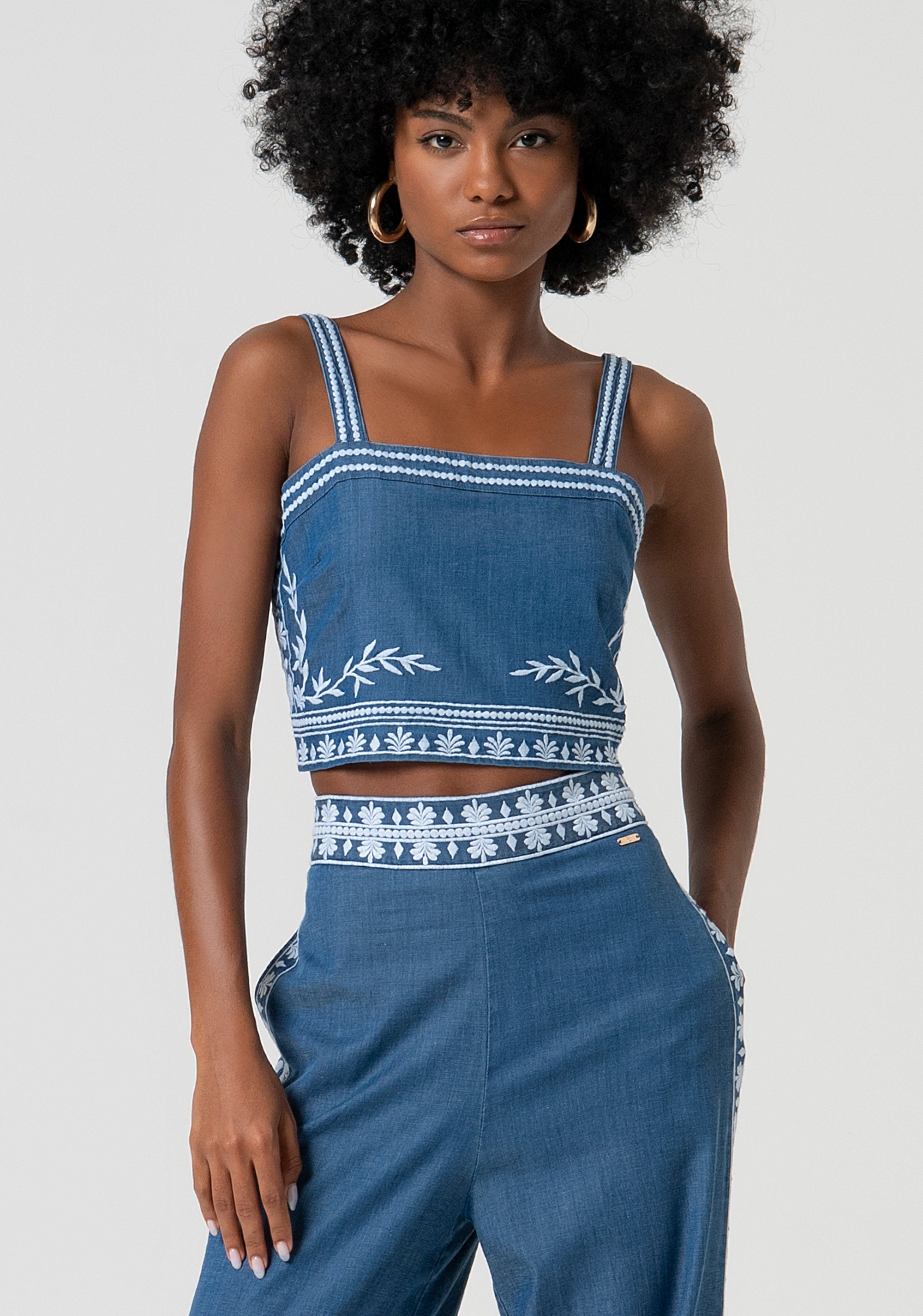 Top cropped in chambray con ricami FS25ST2008W792E5-175 Fracomina