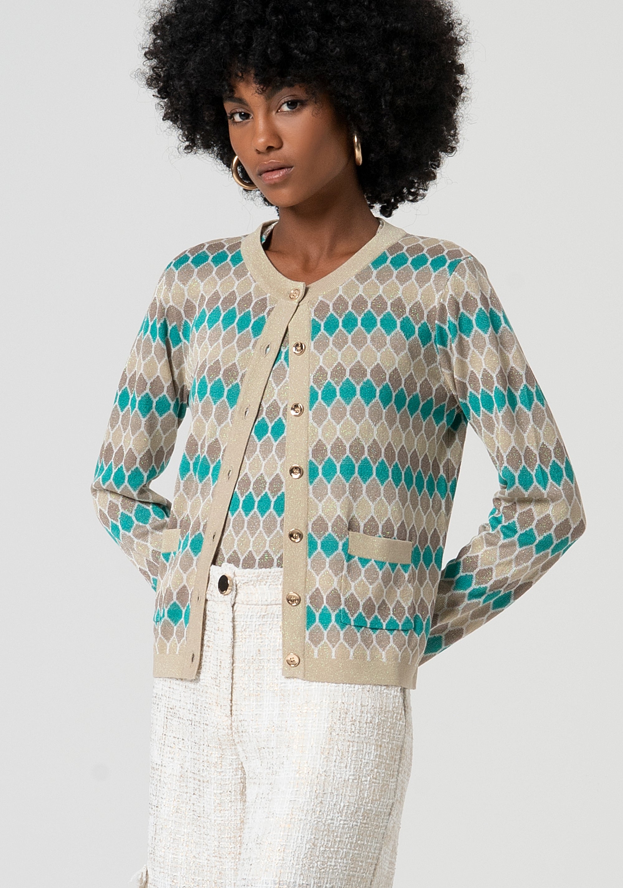 Cardigan regular in jacquard geometrico FS25ST8006K414F8-210 Fracomina