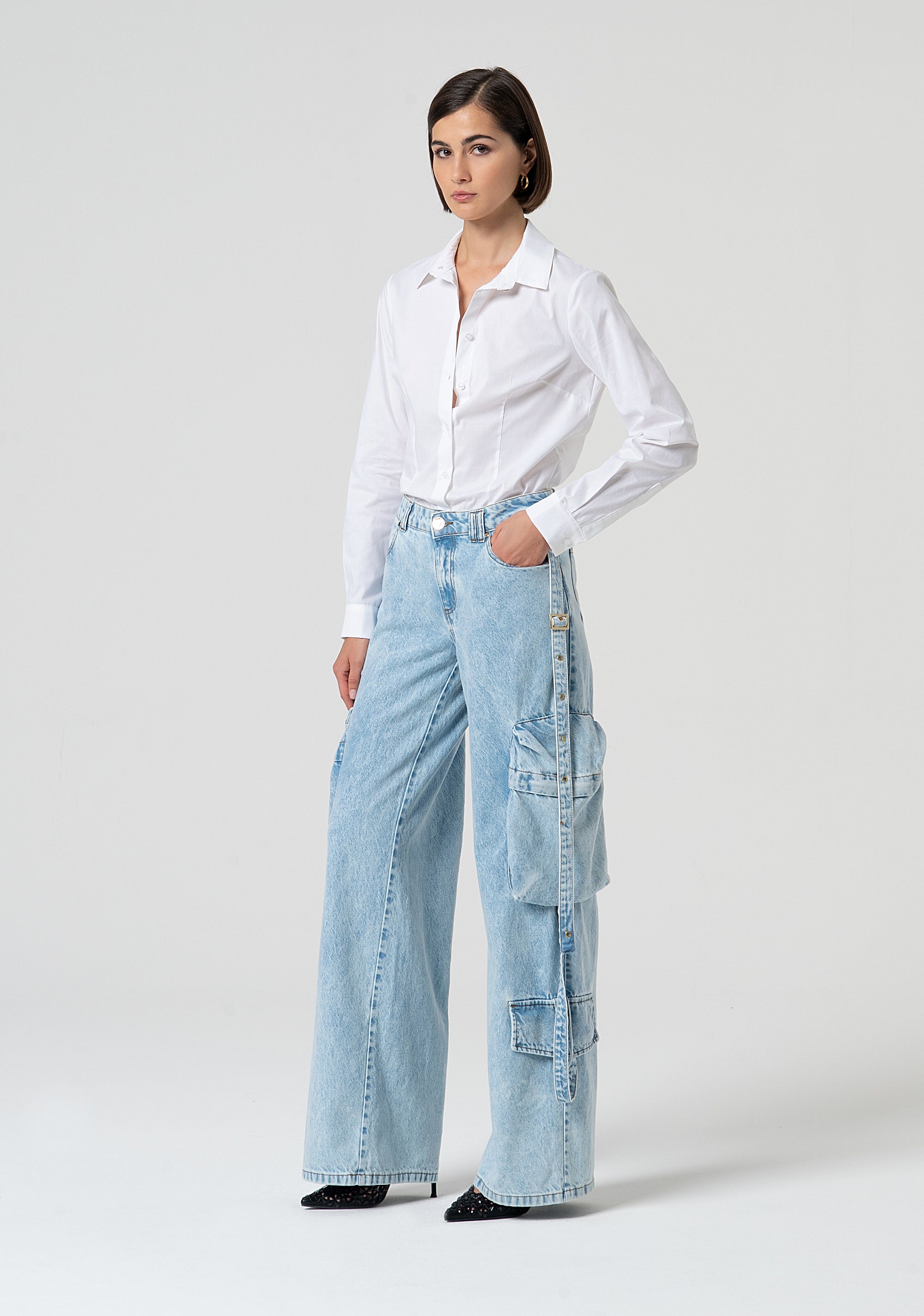 Jeans cargo wide leg in denim con lavaggio bleached FS25SVC004D40093-378 Fracomina