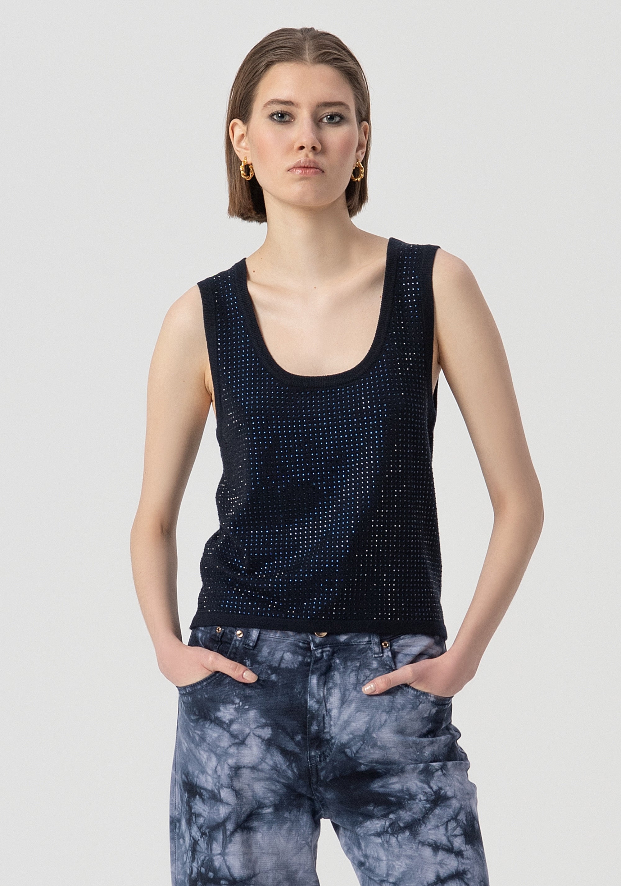 Top Donna Con Frange Di Strass | Canotta Crop Top Sexy Scollo A U, Vestibilità Slim, Per Feste E Serate