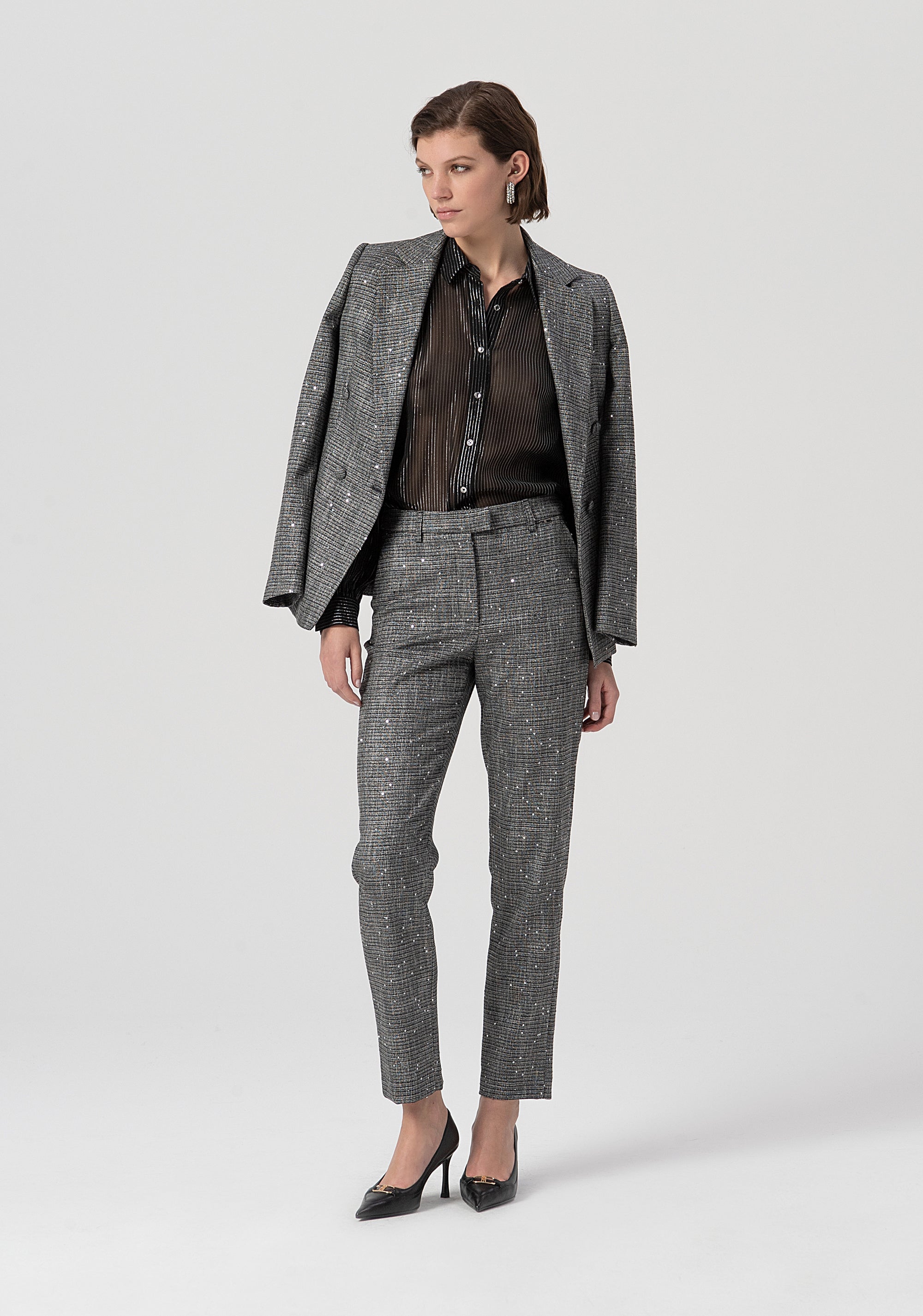Pantalone regular a sigaretta in tweed con paillettes applicate FS25WV2005W821J5-053 Fracomina