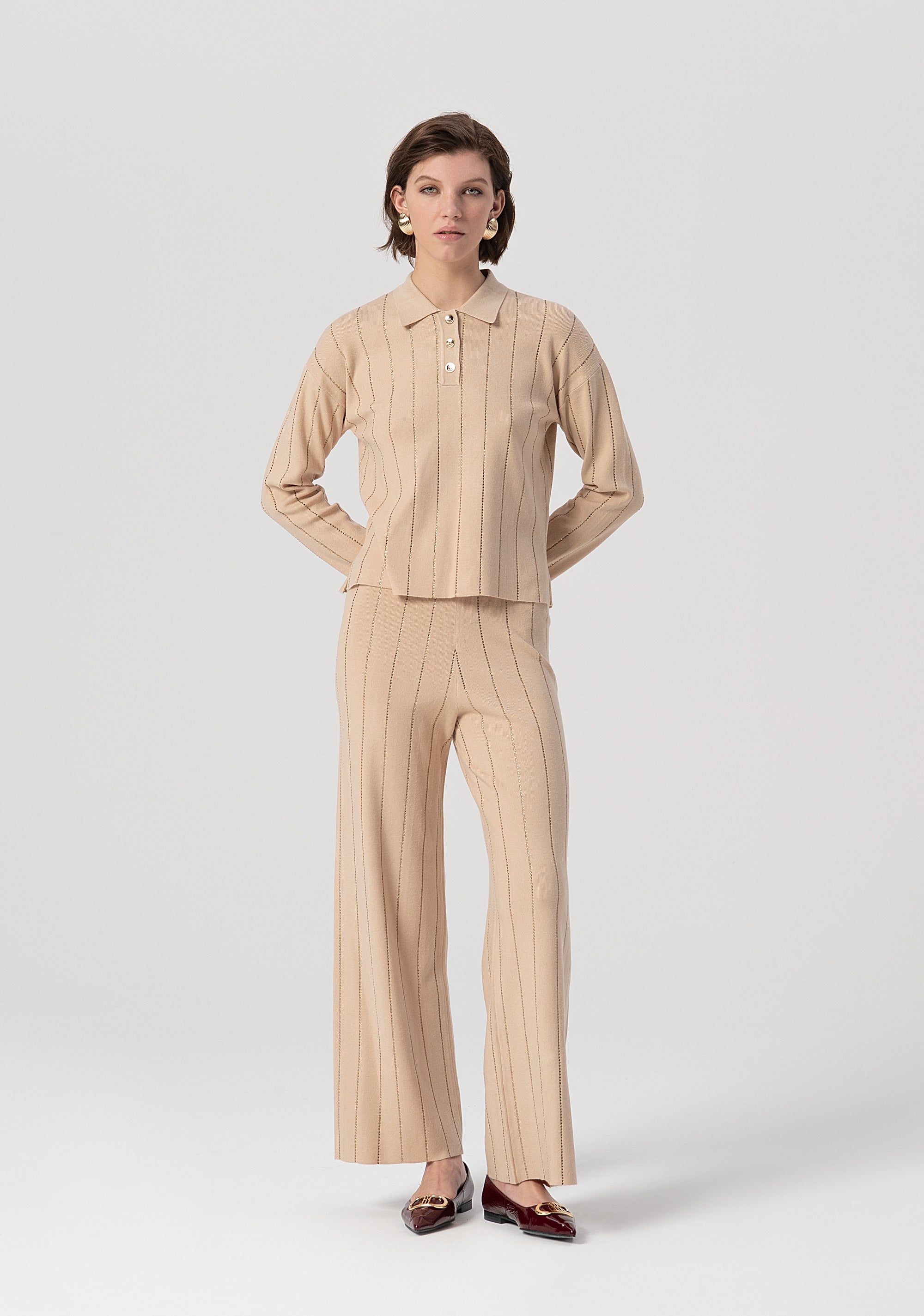 Pantalone flare a palazzo in maglia a coste con strass applicati FS25WV3002K50401-050 Fracomina