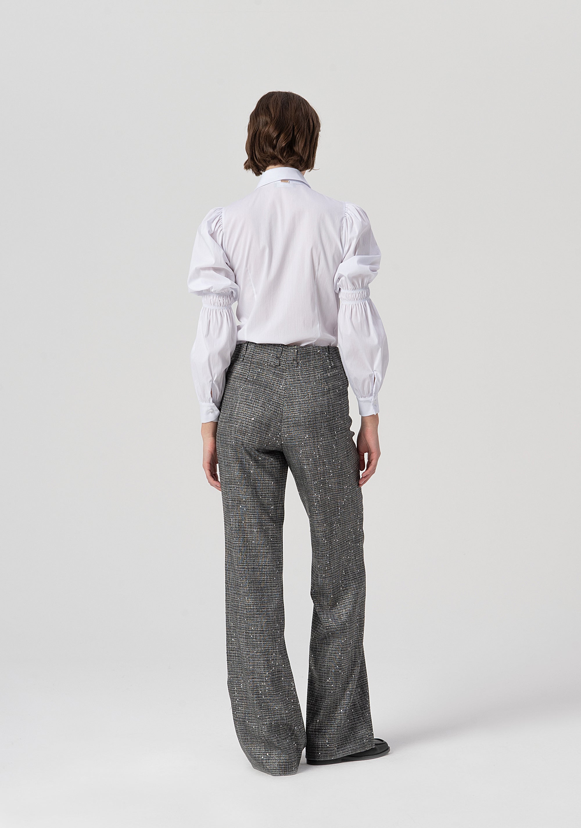 Pantalone flare a palazzo in tweed con paillettes