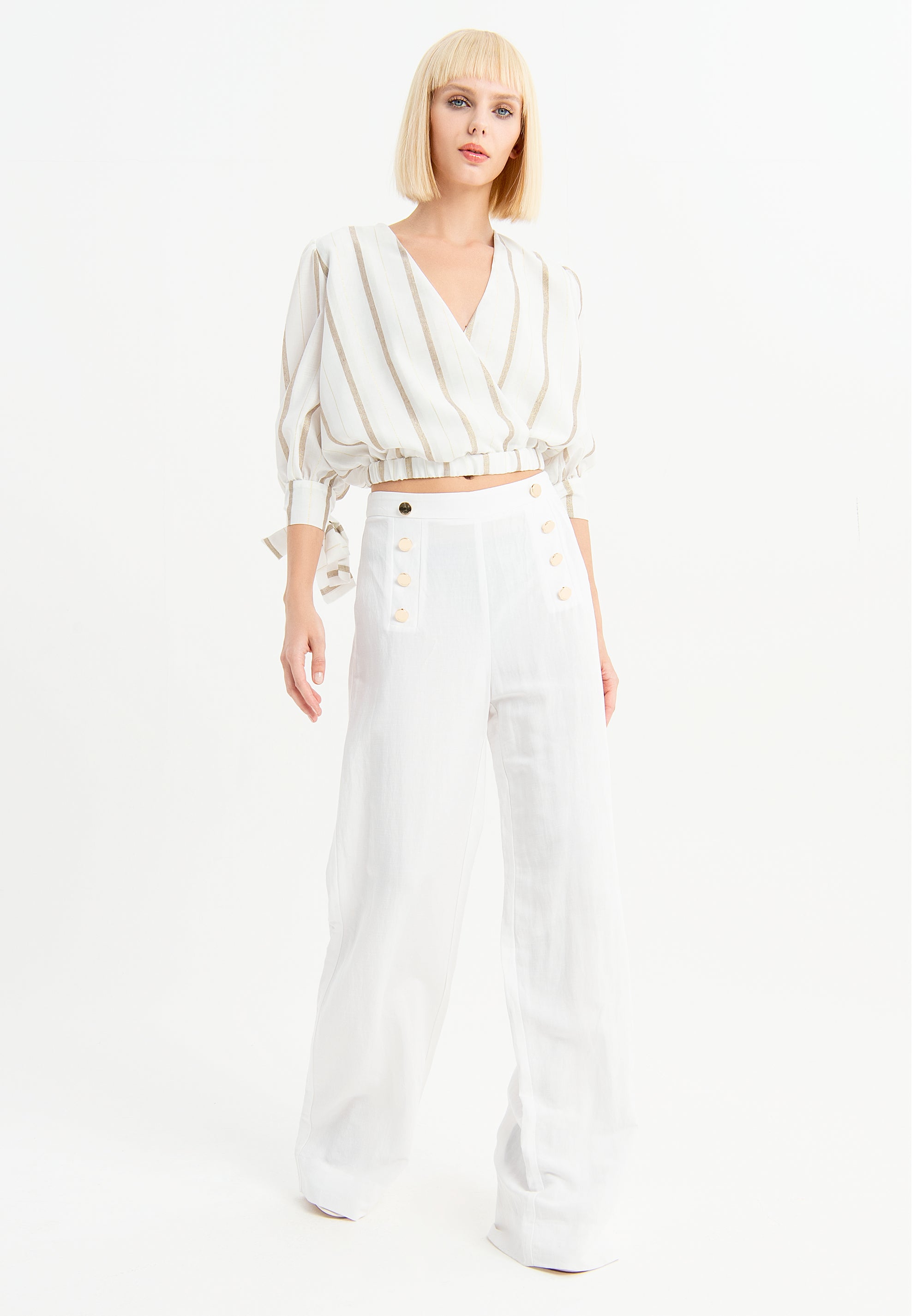 Pantalone palazzo vita alta bottoni oro