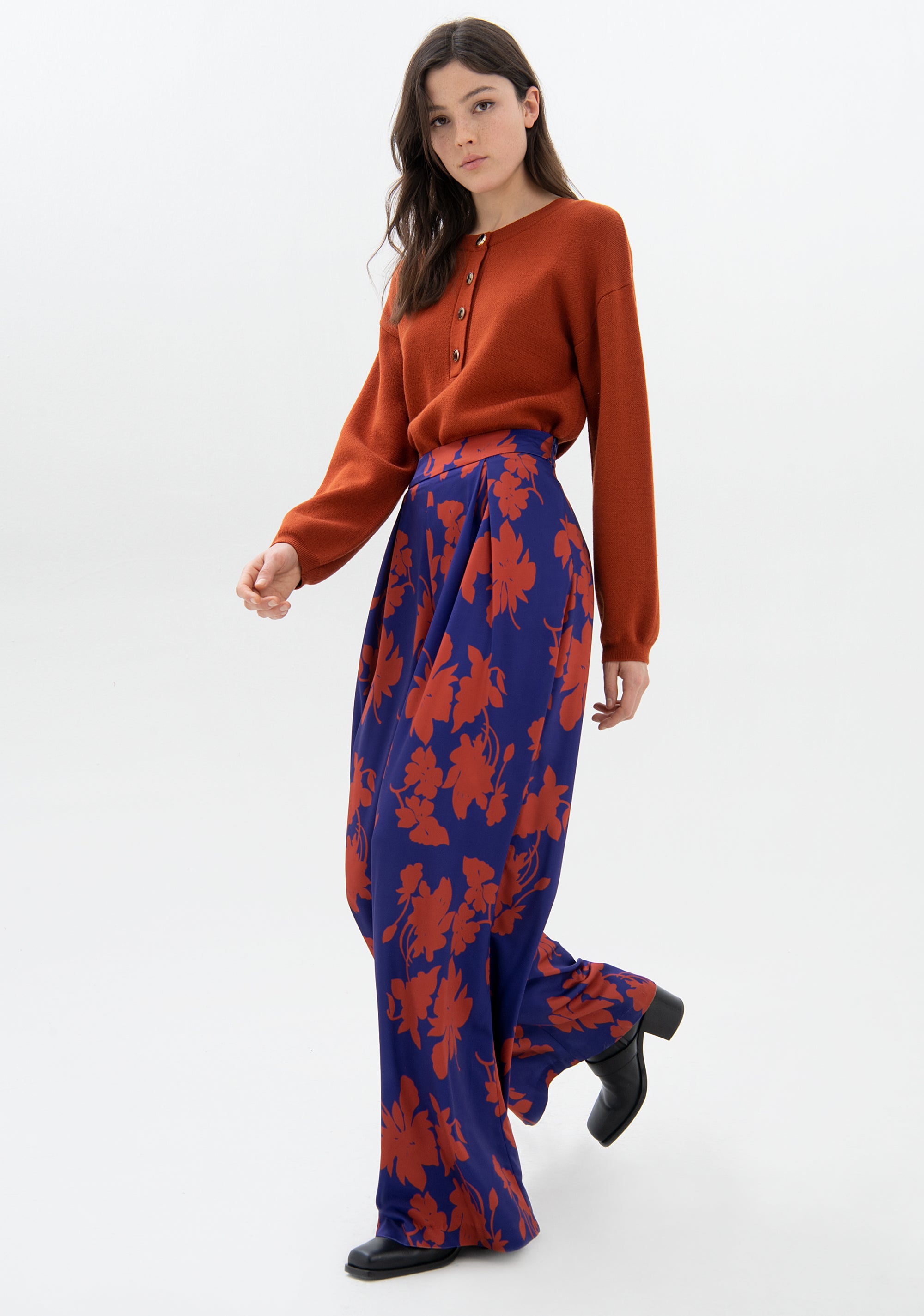 Pantalone palazzo ampio con fantasia floreale-FRACOMINA-F321WV3005W505N4