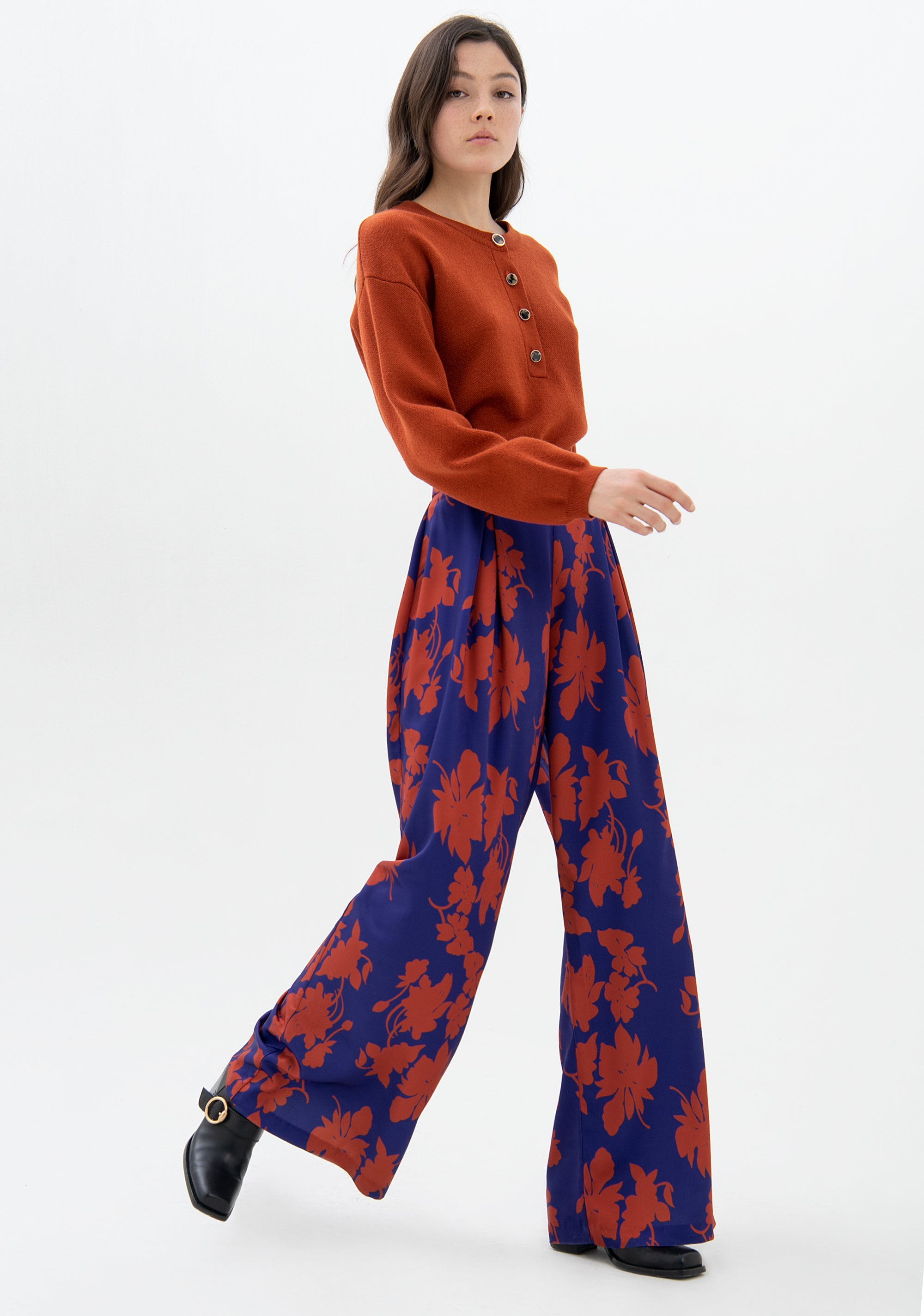 Pantalone palazzo ampio con fantasia floreale-FRACOMINA-F321WV3005W505N4