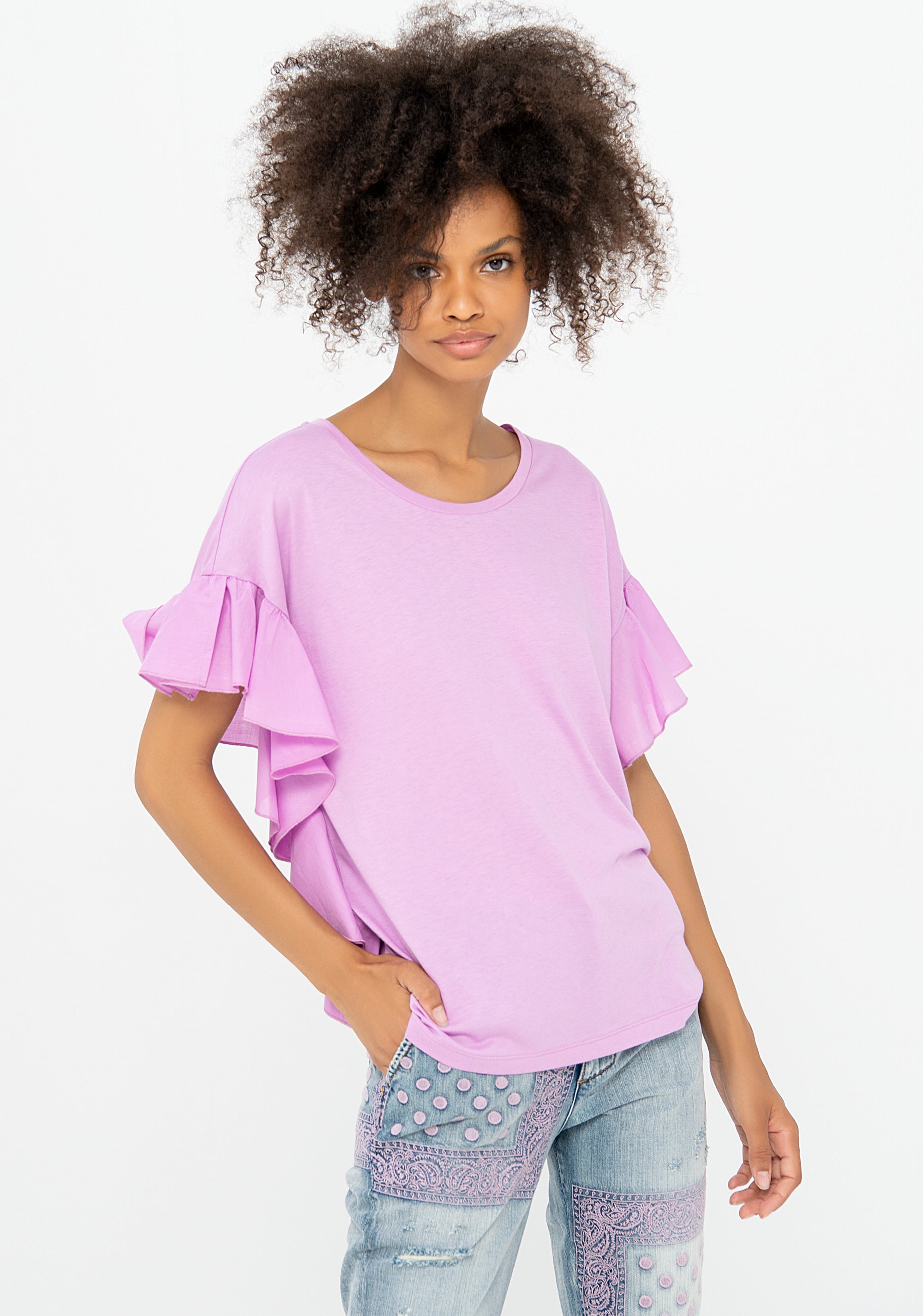 T-shirt over in jersey con rouches in popeline