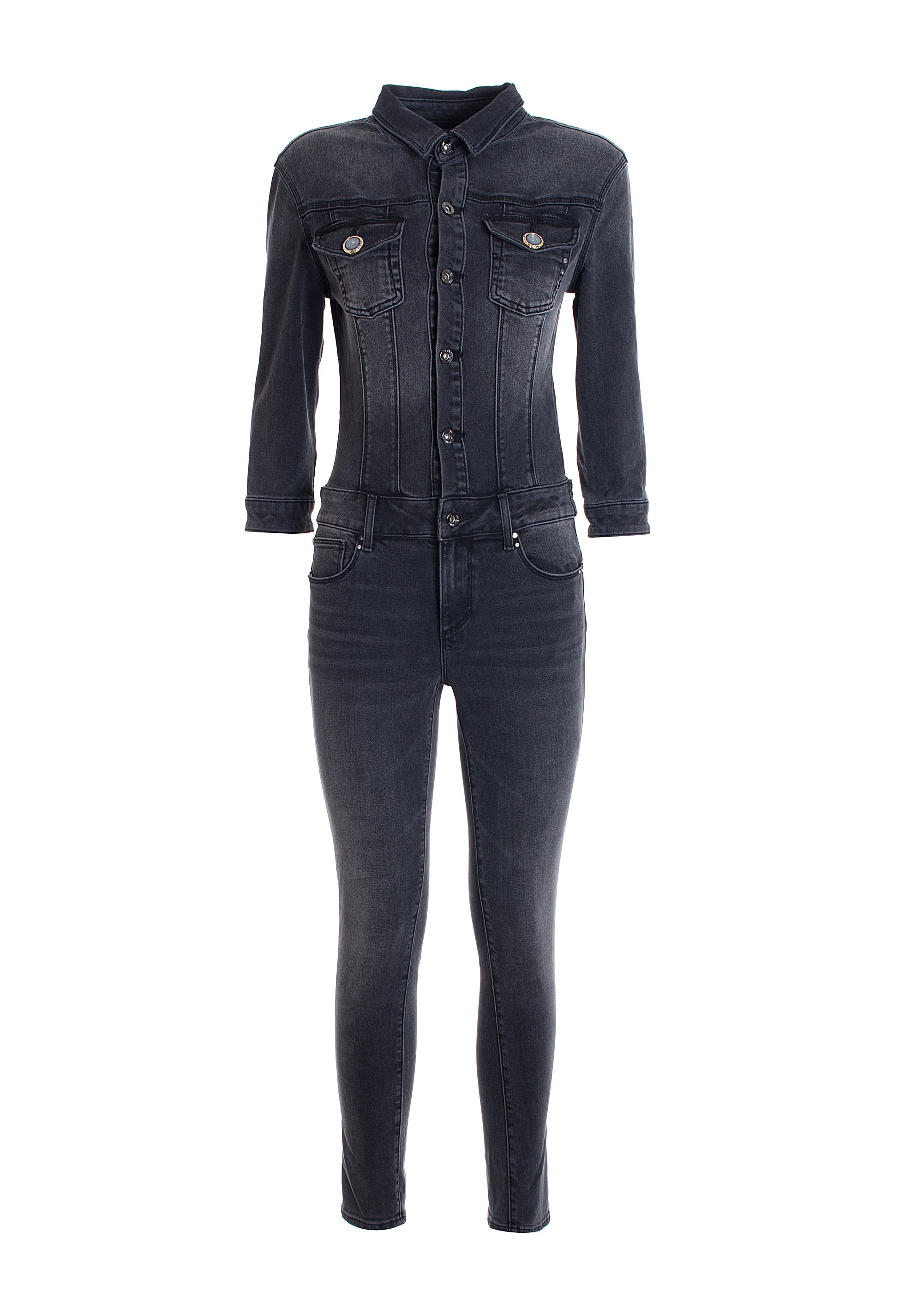 Tuta aderente lunga in denim nero con lavaggio scuro