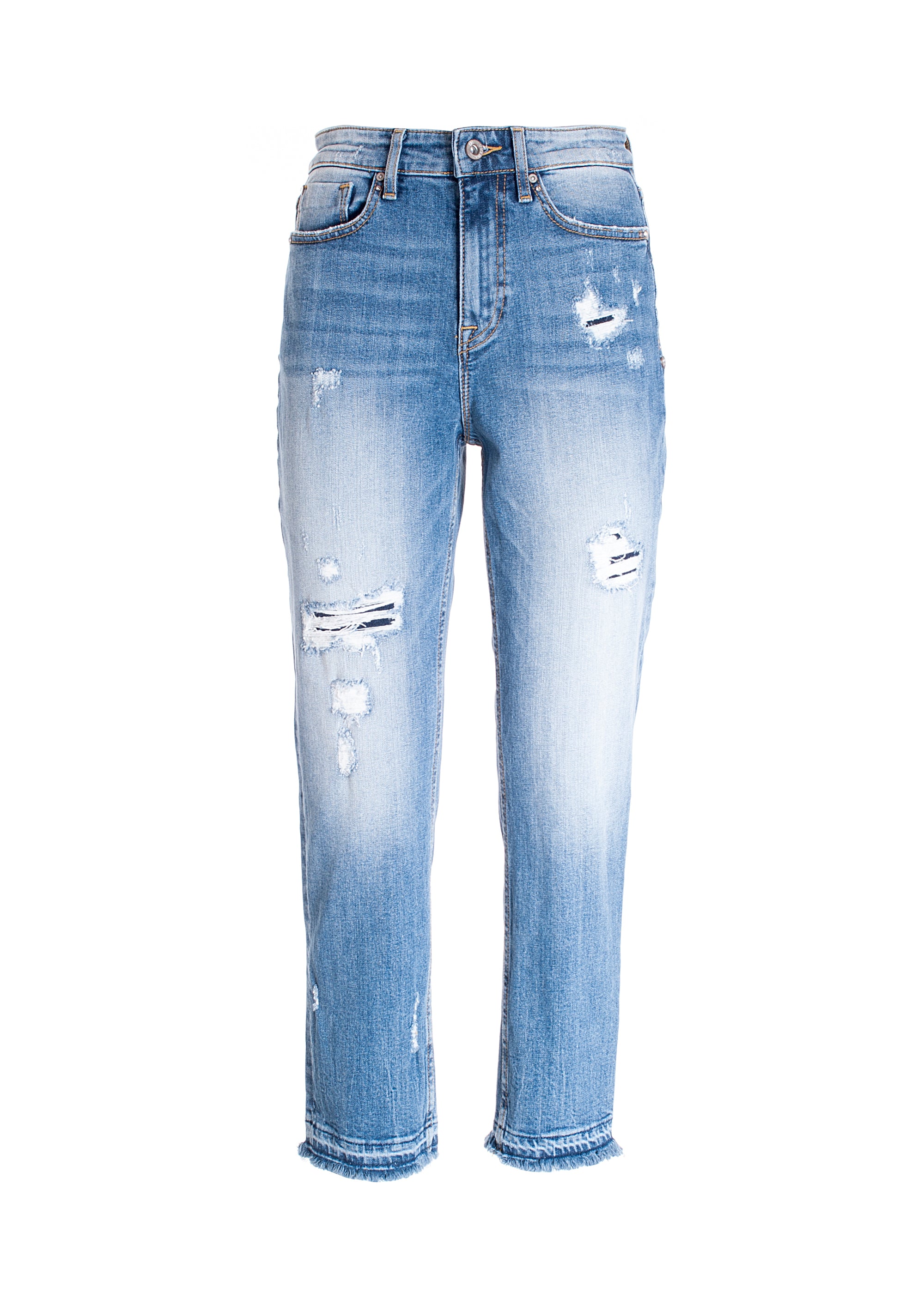 Jeans loose fit cropped in denim con lavaggio destroyed