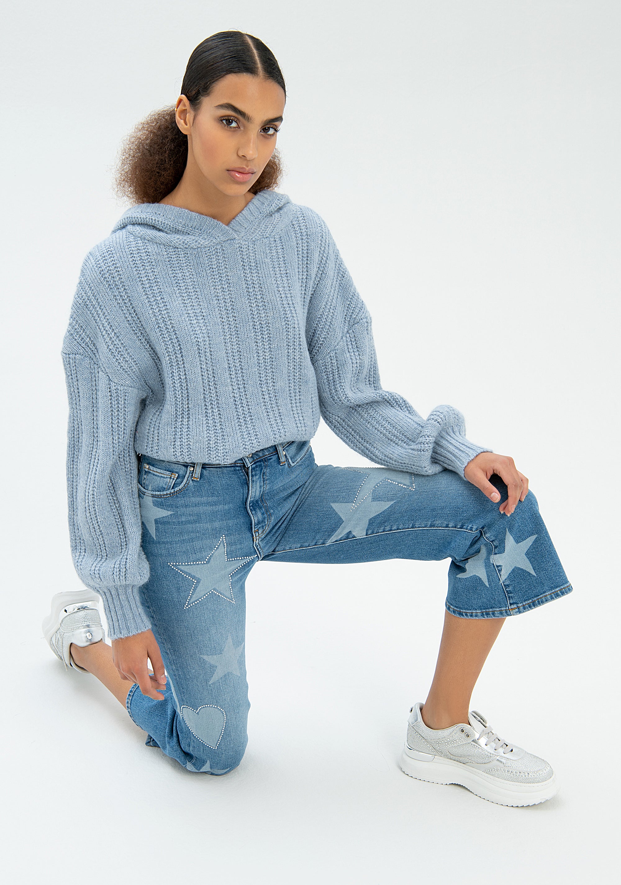 Jeans flare cropped in denim con fantasia simboli-FRACOMINA-FP22WV9006D41893-349-JN-24