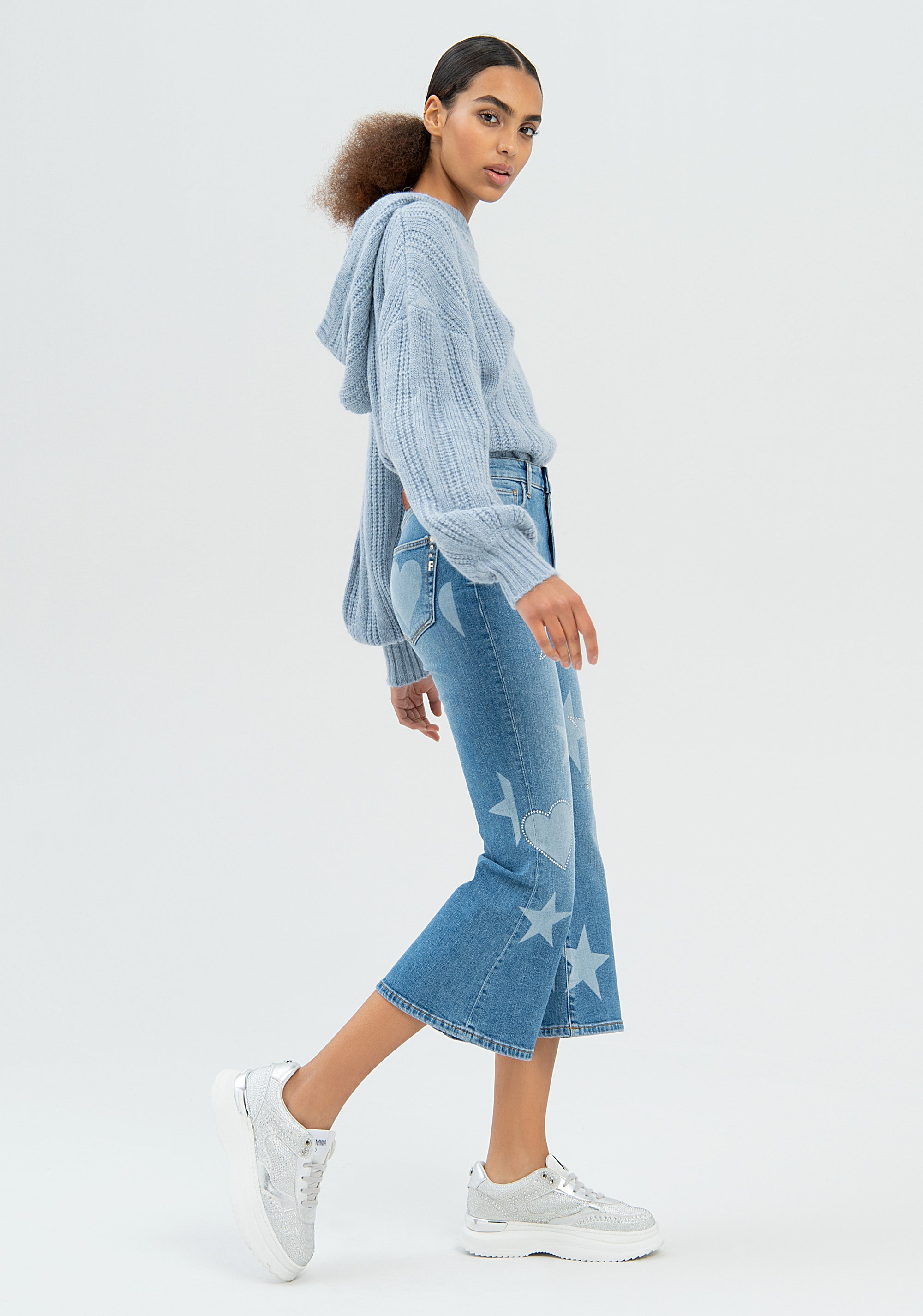 Jeans flare cropped in denim con fantasia simboli-FRACOMINA-FP22WV9006D41893-349-JN-24
