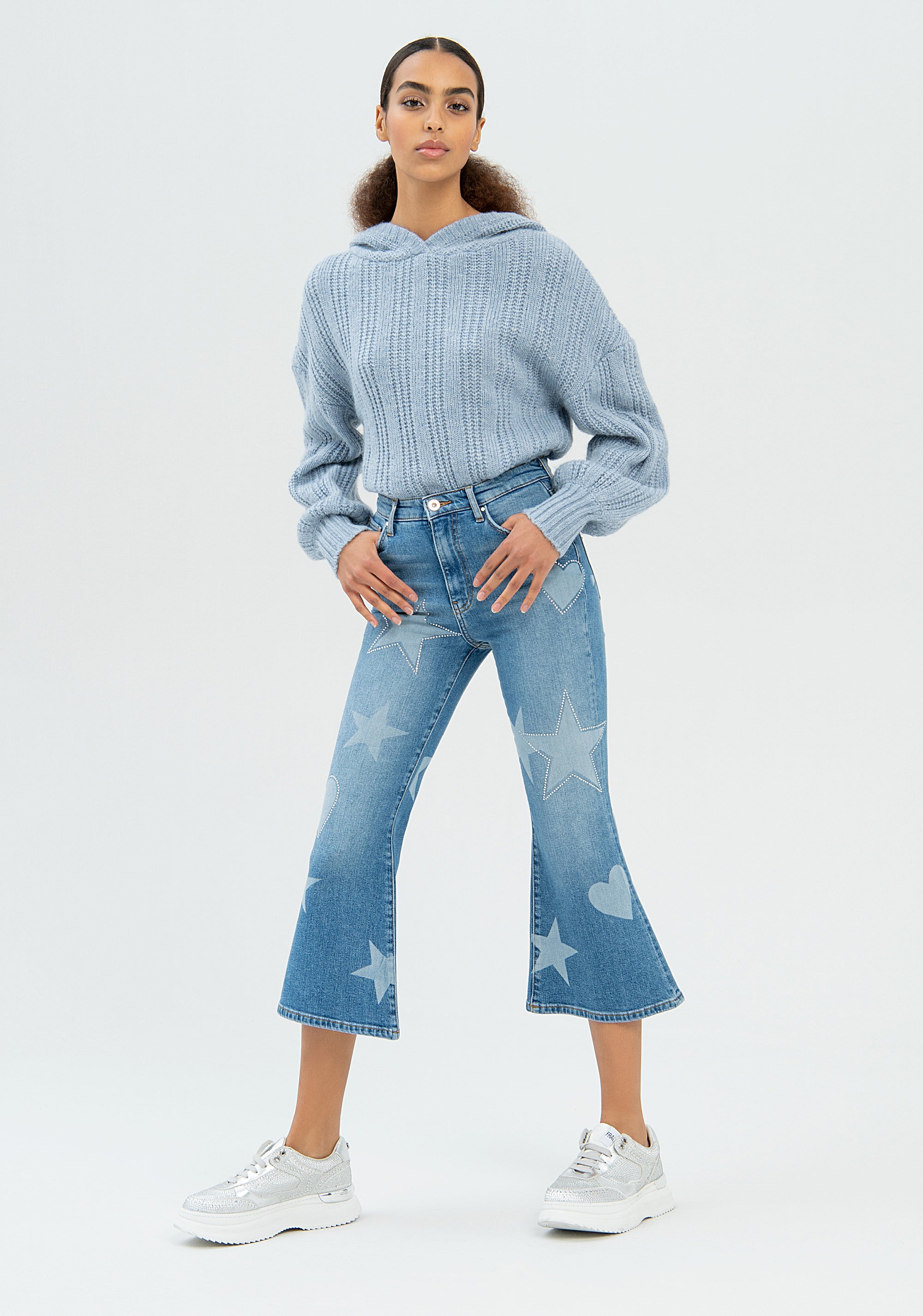 Jeans flare cropped in denim con fantasia simboli-FRACOMINA-FP22WV9006D41893-349-JN-24