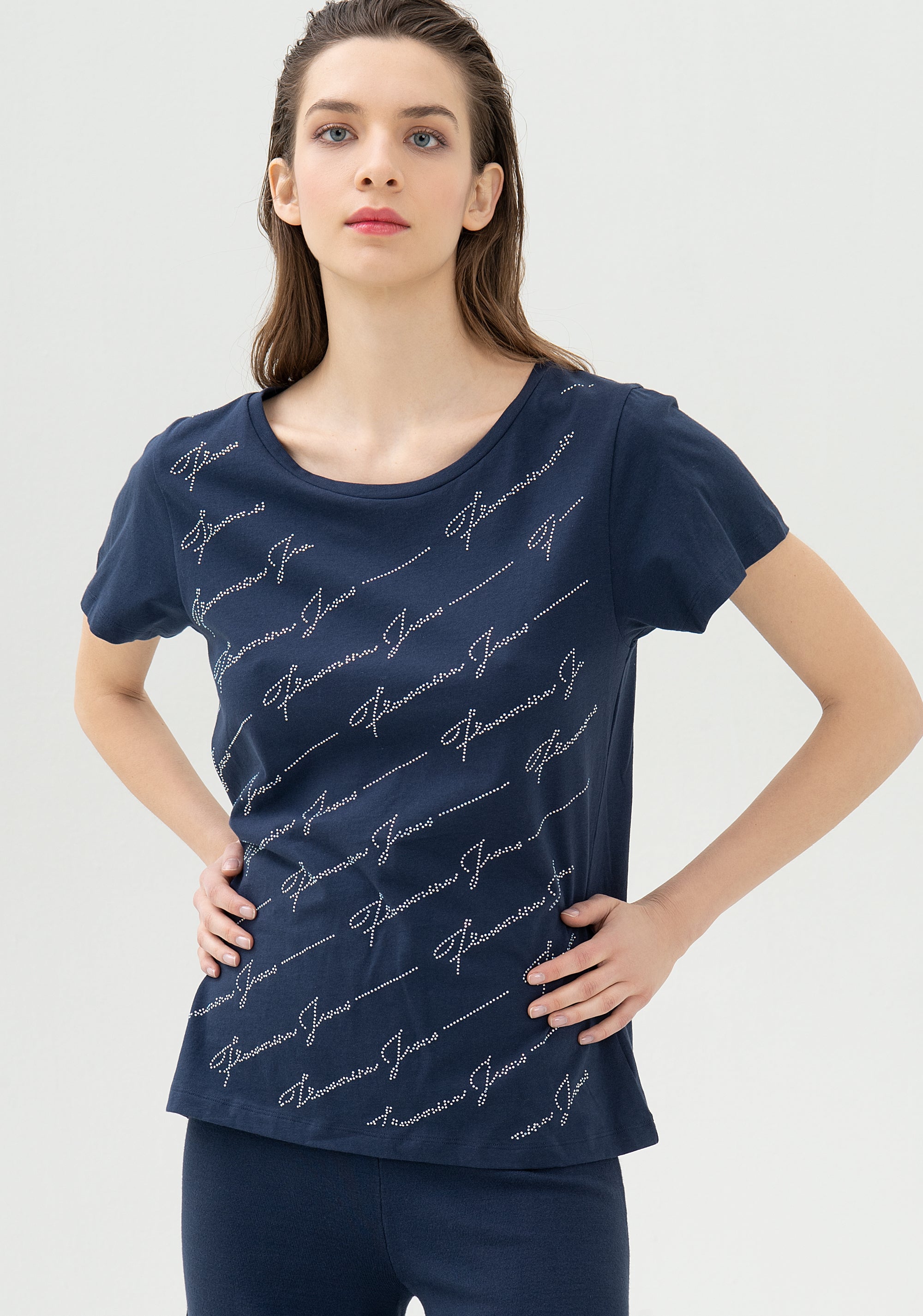 T-shirt regular in jersey di cotone con logo allover in strass