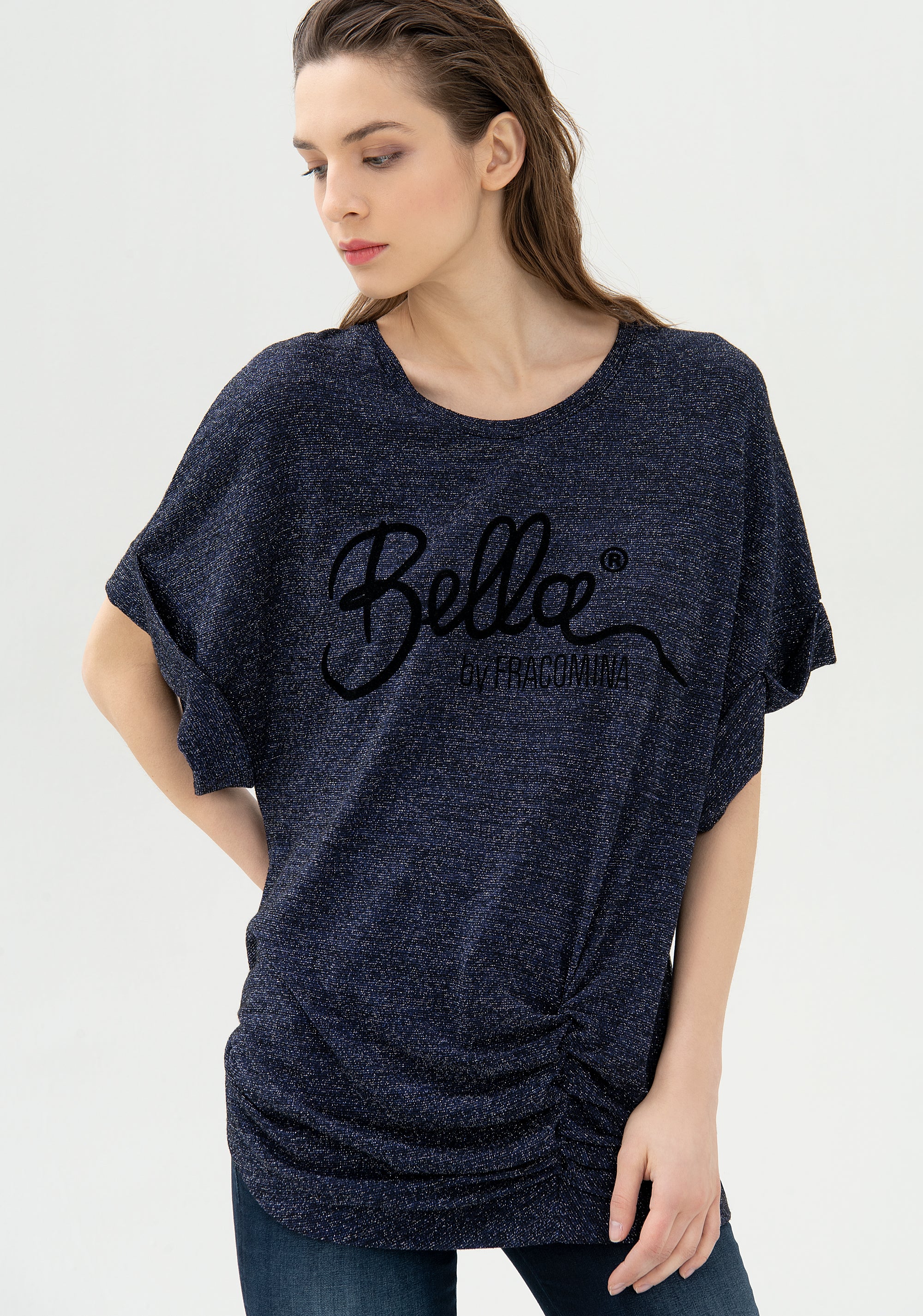 T-shirt ampia in lurex con stampa logo