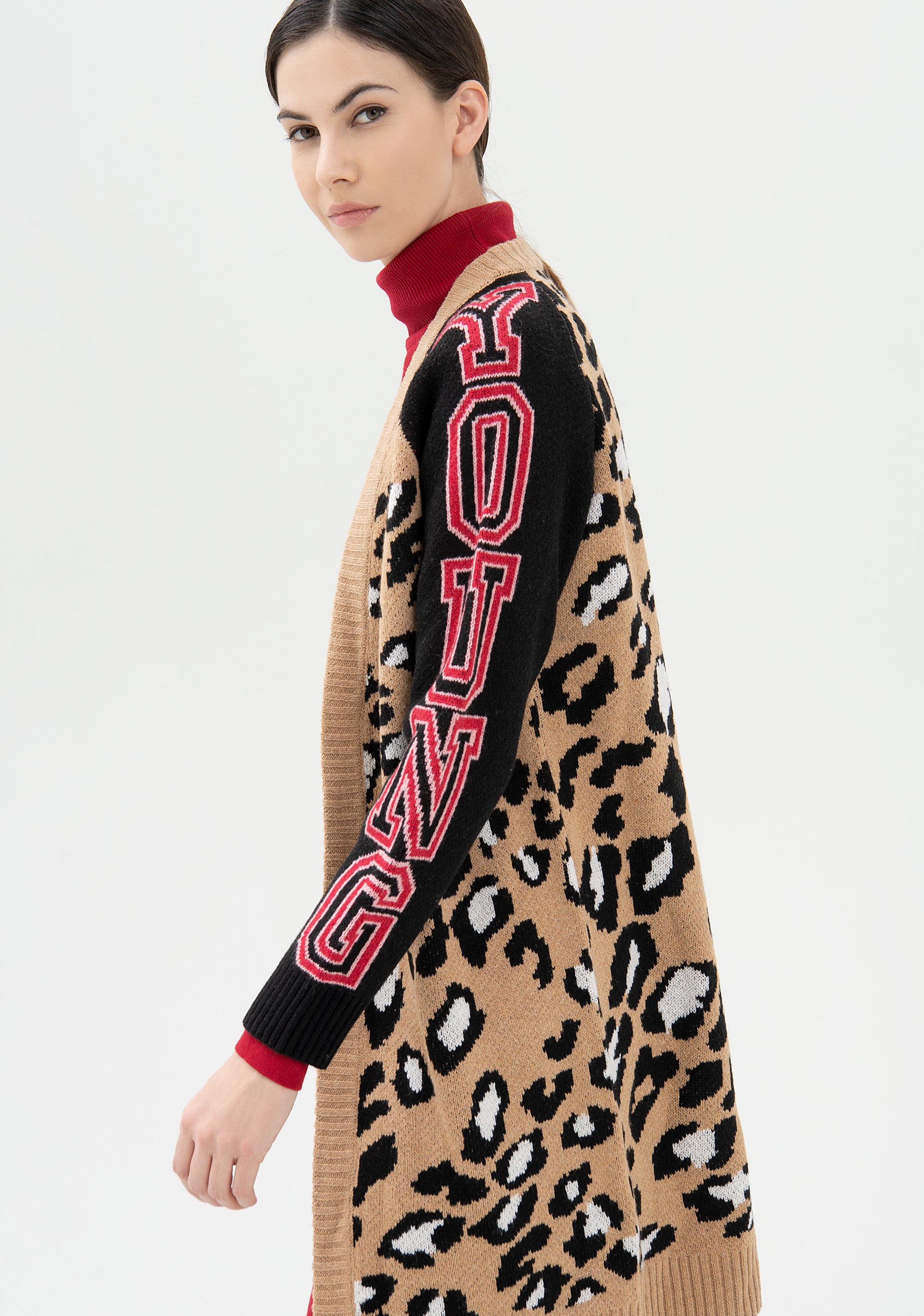Cardigan over con jacquard animalier e scritte-FRACOMINA-FR21WT8022K461F8