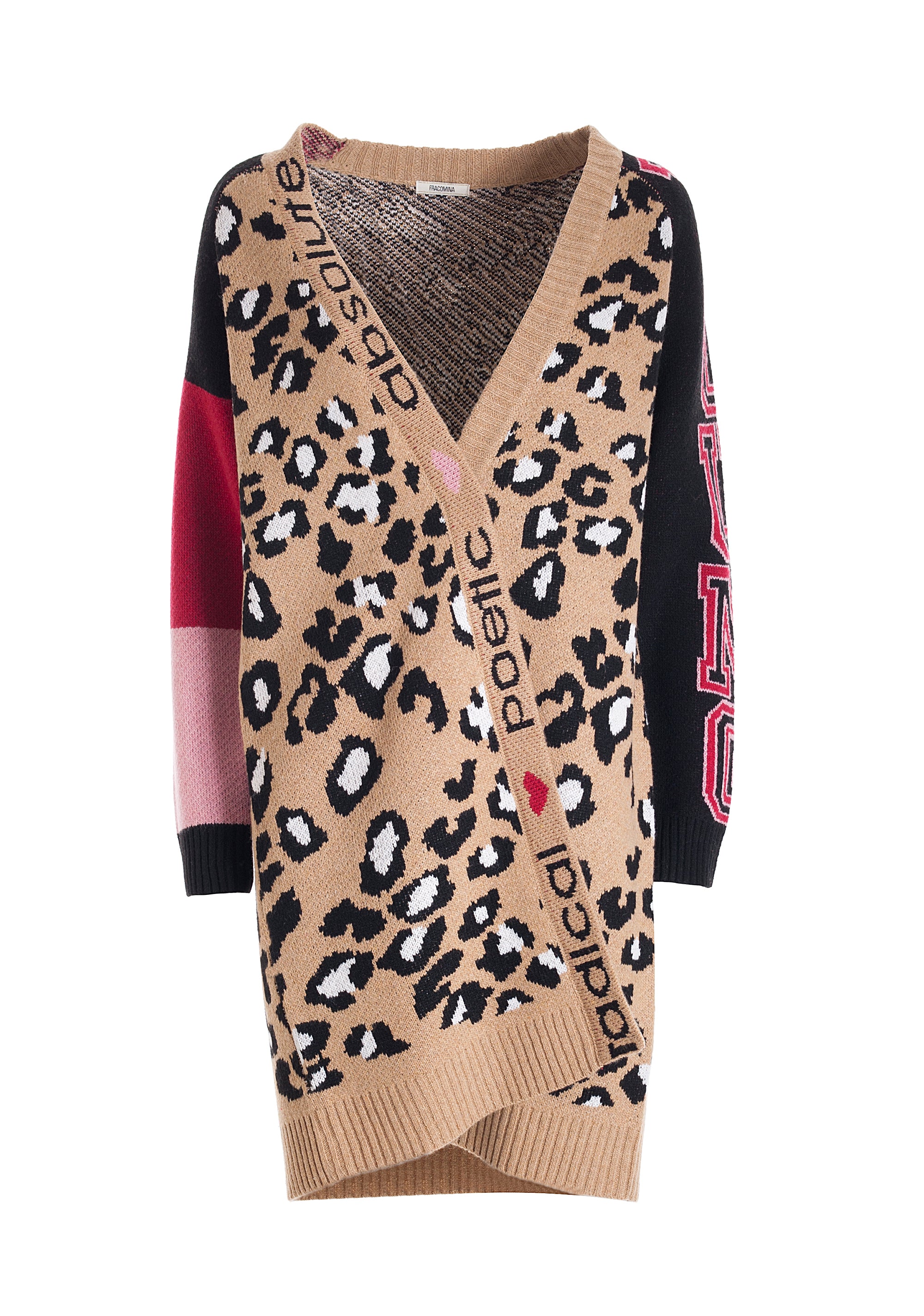 Cardigan over con jacquard animalier e scritte