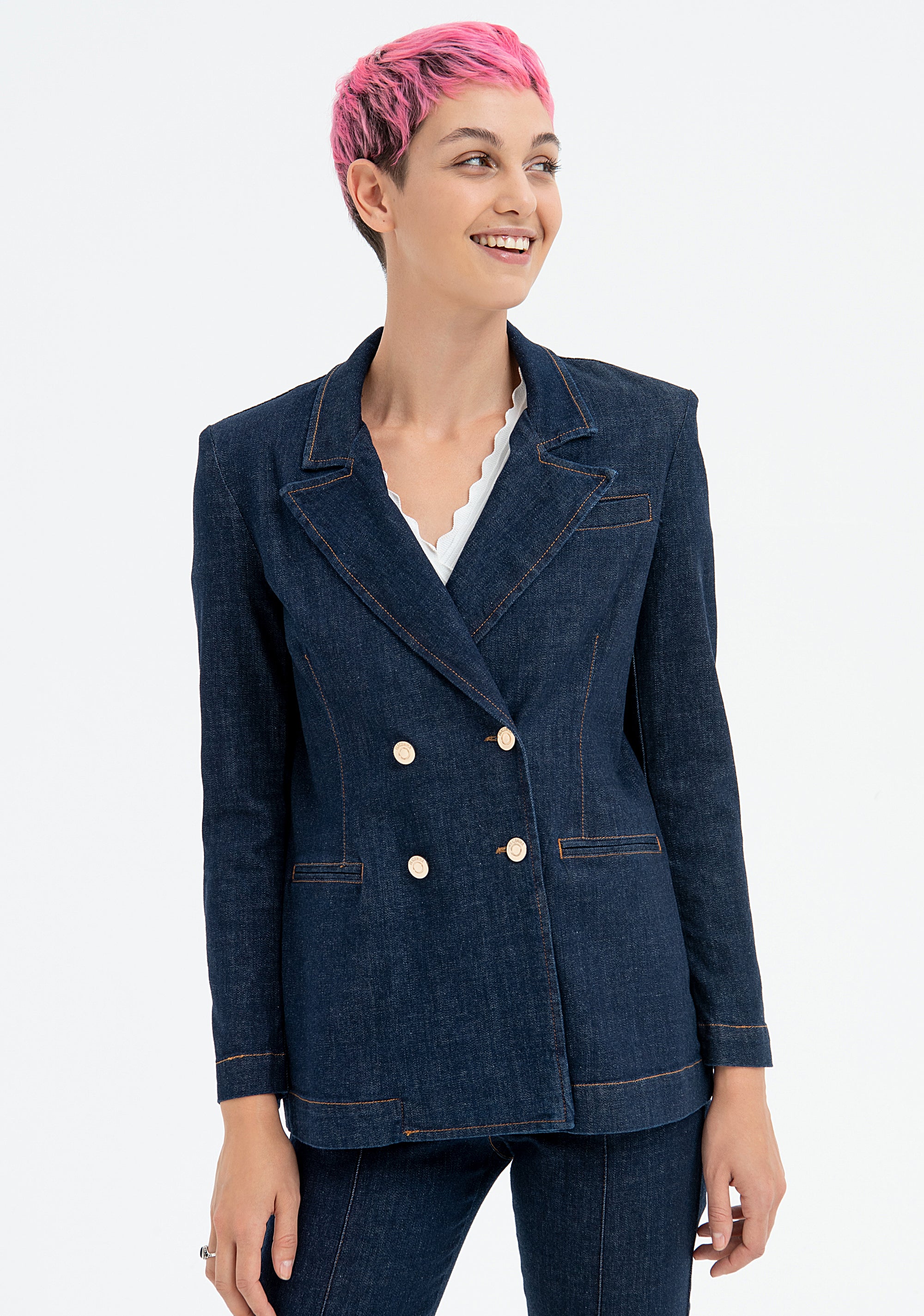 Blazer regular doppiopetto in denim con lavaggio raw